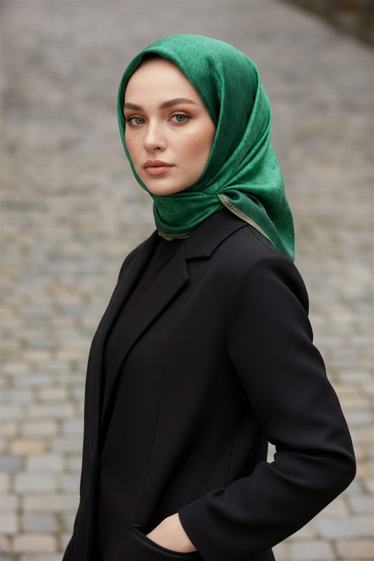 %100 Twill İpek Monogram Desenli Zümrüt Yeşili Renkli 90x90 Eşarp Dikim Şekli : El Dikişi