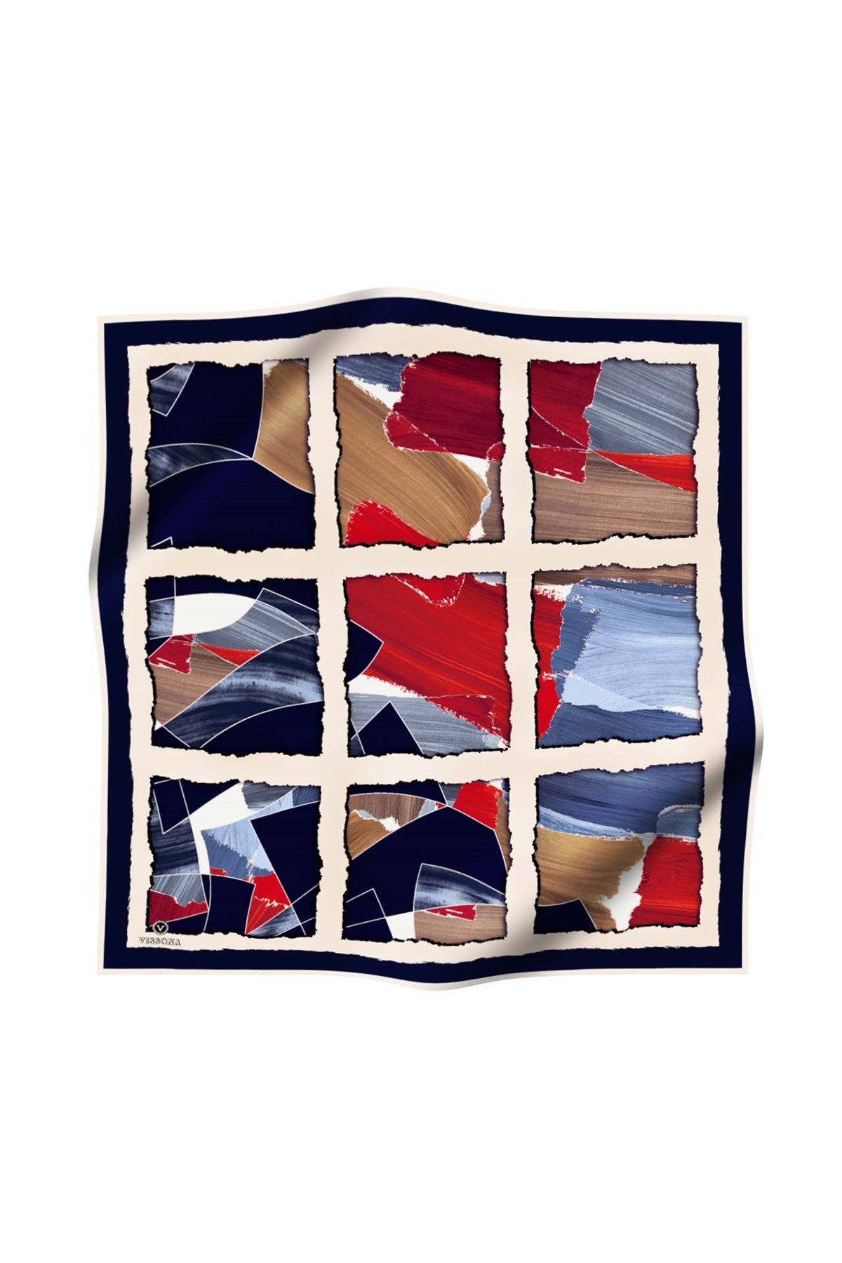 %100 Twill İpek Geometrik Desenli Lacivert - Kırmızı Renkli 90x90 Eşarp Dikim Şekli : El Dikişi