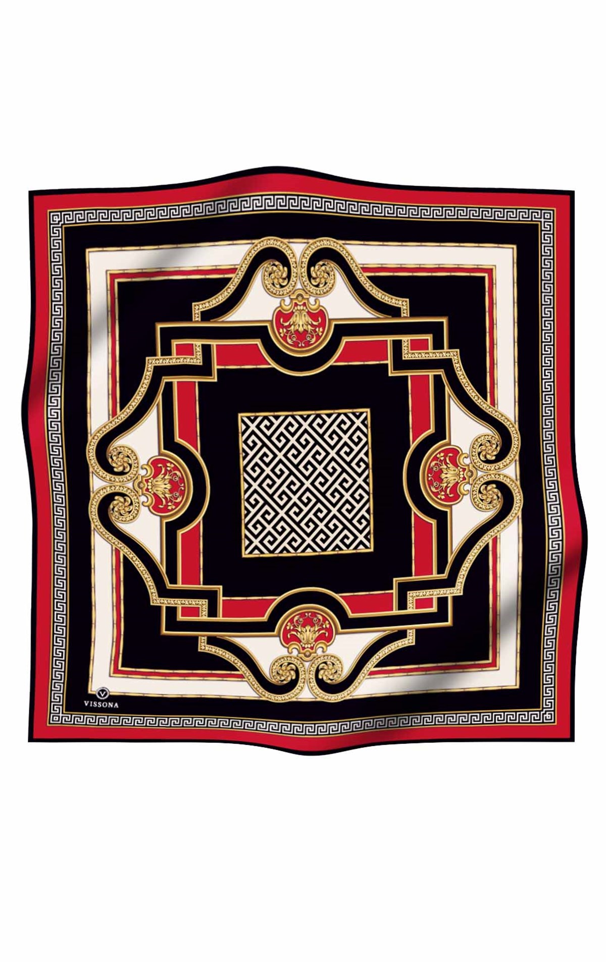%100 Twill İpek Barok Desenli Kırmızı - Siyah Renkli 90x90 Eşarp Dikim Şekli : El Dikişi
