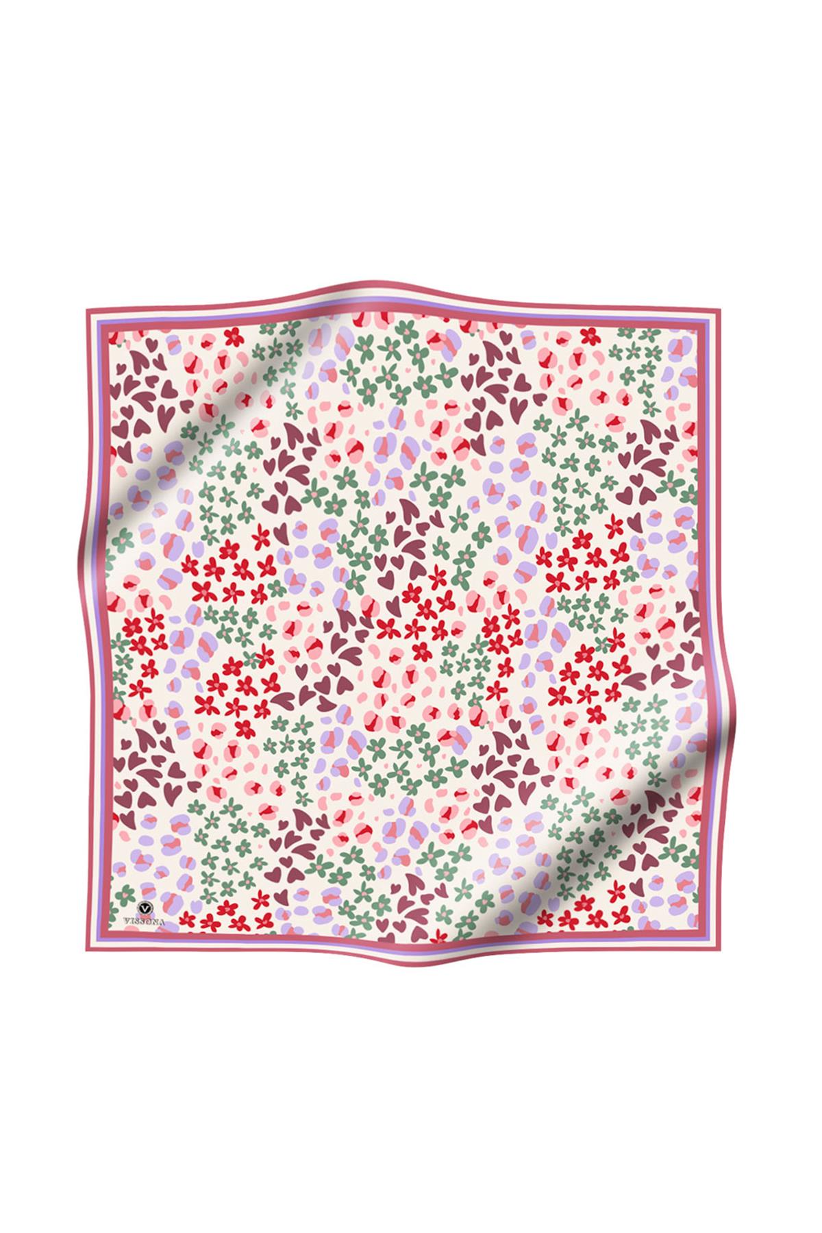 %100 Twill İpek Kalpli Leopar Desenli Gül Kurusu - Lila Renkli 90x90 Eşarp Dikim Şekli : El Dikişi