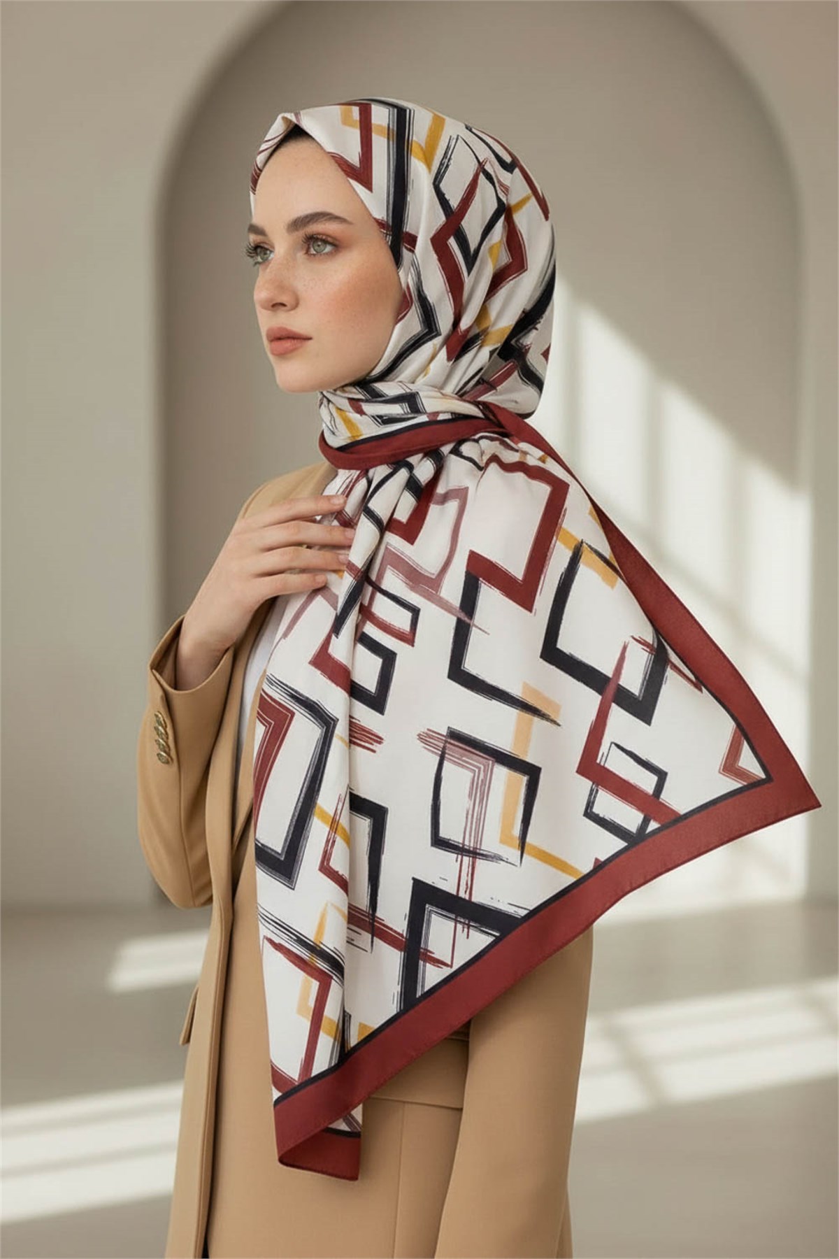 KREP GEOMETRİK DESENLİ BORDO RENKLİ 75X195 KIRIŞMAZ ŞAL