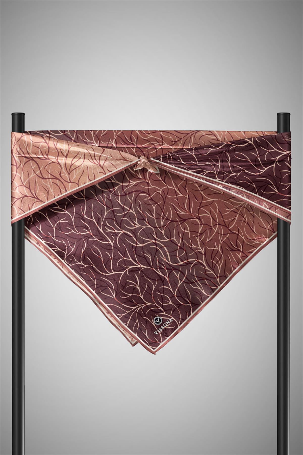 %100 Twill İpek Degrade Desenli Bakır Renkli 90x90 Eşarp Dikim Şekli : El Dikişi