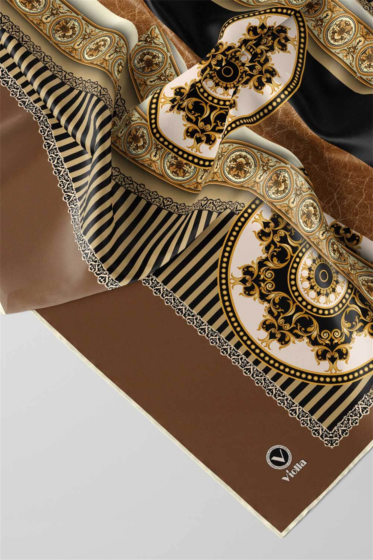 Twill Çizgili ve Barok Desenli Bej Renkli 90x90 Eşarp (İpek İçermez) Kenar Dikiş Şekli El Dikişli