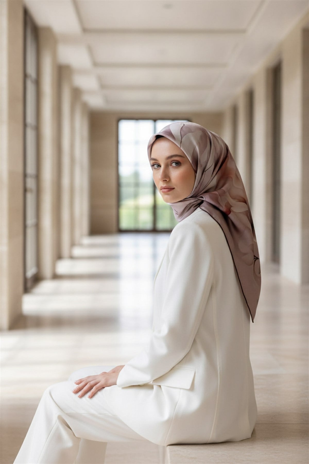 %100 Twill İpek Büyük Çiçek Desenli Pudra - Gül Kurusu Renkli 90x90 Eşarp Dikim Şekli : El Dikişi
