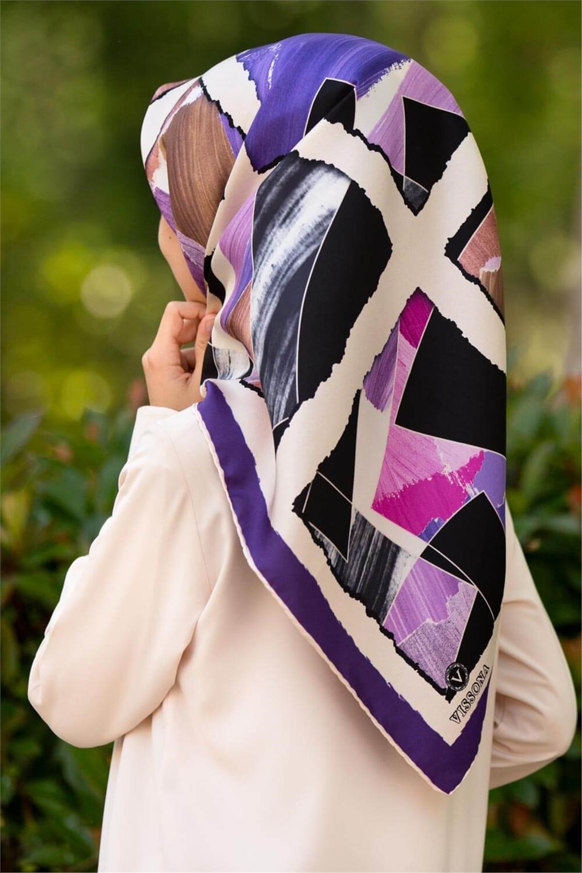 %100 Twill İpek Geometrik Desenli Mor - Pembe Renkli 90x90 Eşarp Dikim Şekli : El Dikişi