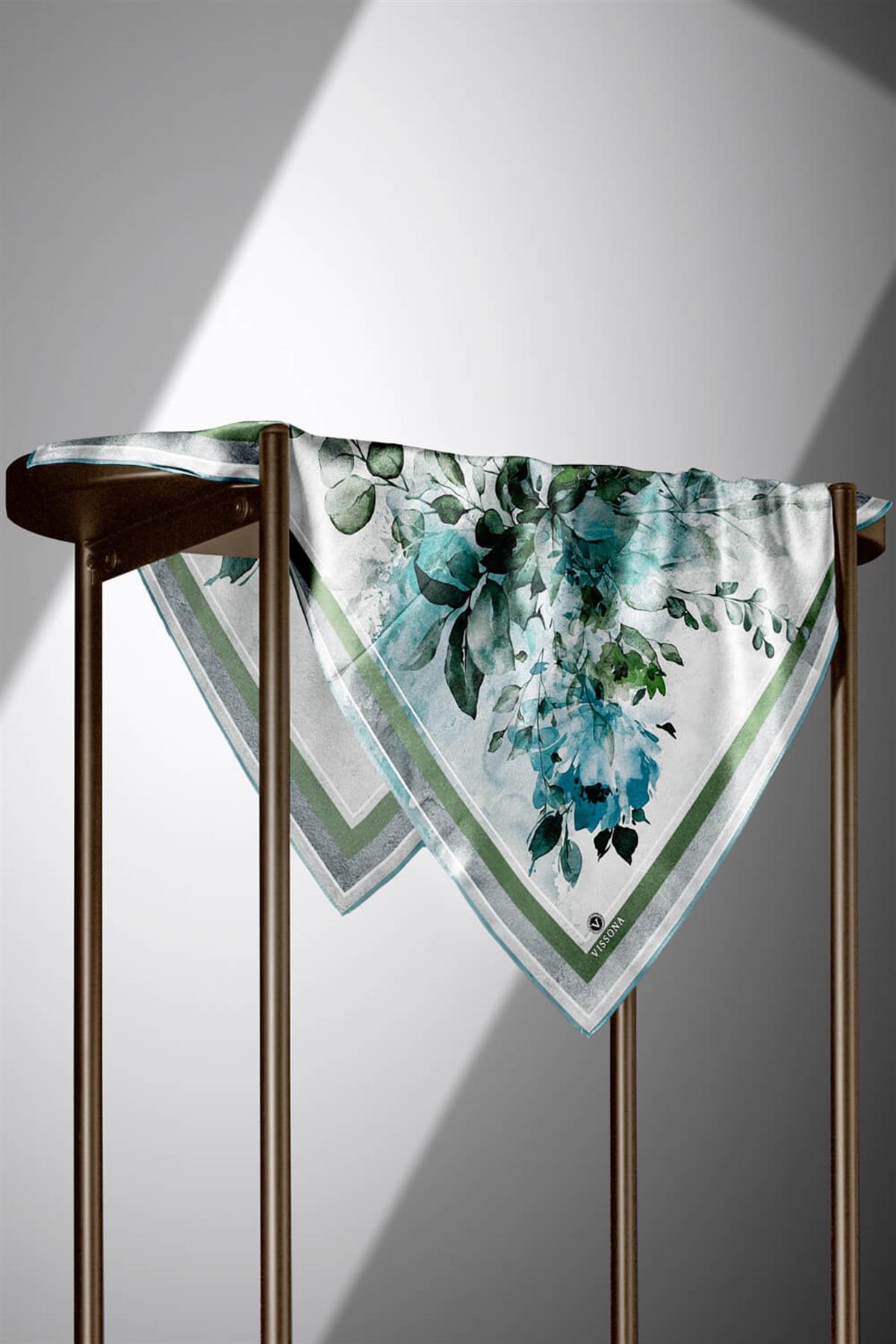 %100 Twill İpek Bahar Çiçekleri Desenli Petrol Yeşili - Haki Renkli 90x90 Eşarp Dikim Şekli : El Dikişi