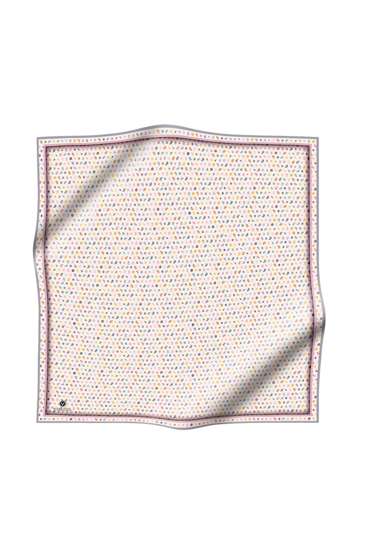 %100 Twill İpek Çıtır Desenli Krem - Pembe Renkli 90x90 Eşarp Dikim Şekli : El Dikişi