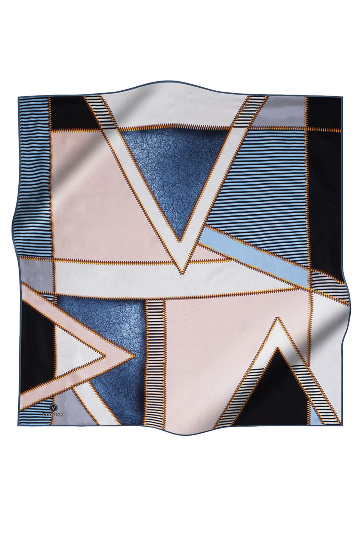 %100 Twill İpek Geometrik Desenli Bebe Mavisi - Siyah Renkli 90x90 Eşarp Dikim Şekli : El Dikişi