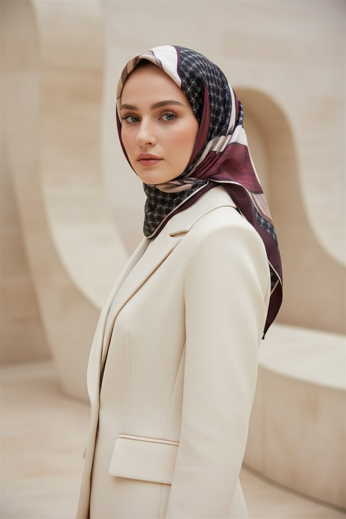 100% Twill Geometrik Halka Desenli Siyah - Bordo Renkli 90x90 Dikim Şekli : El Dikişi Eşarp