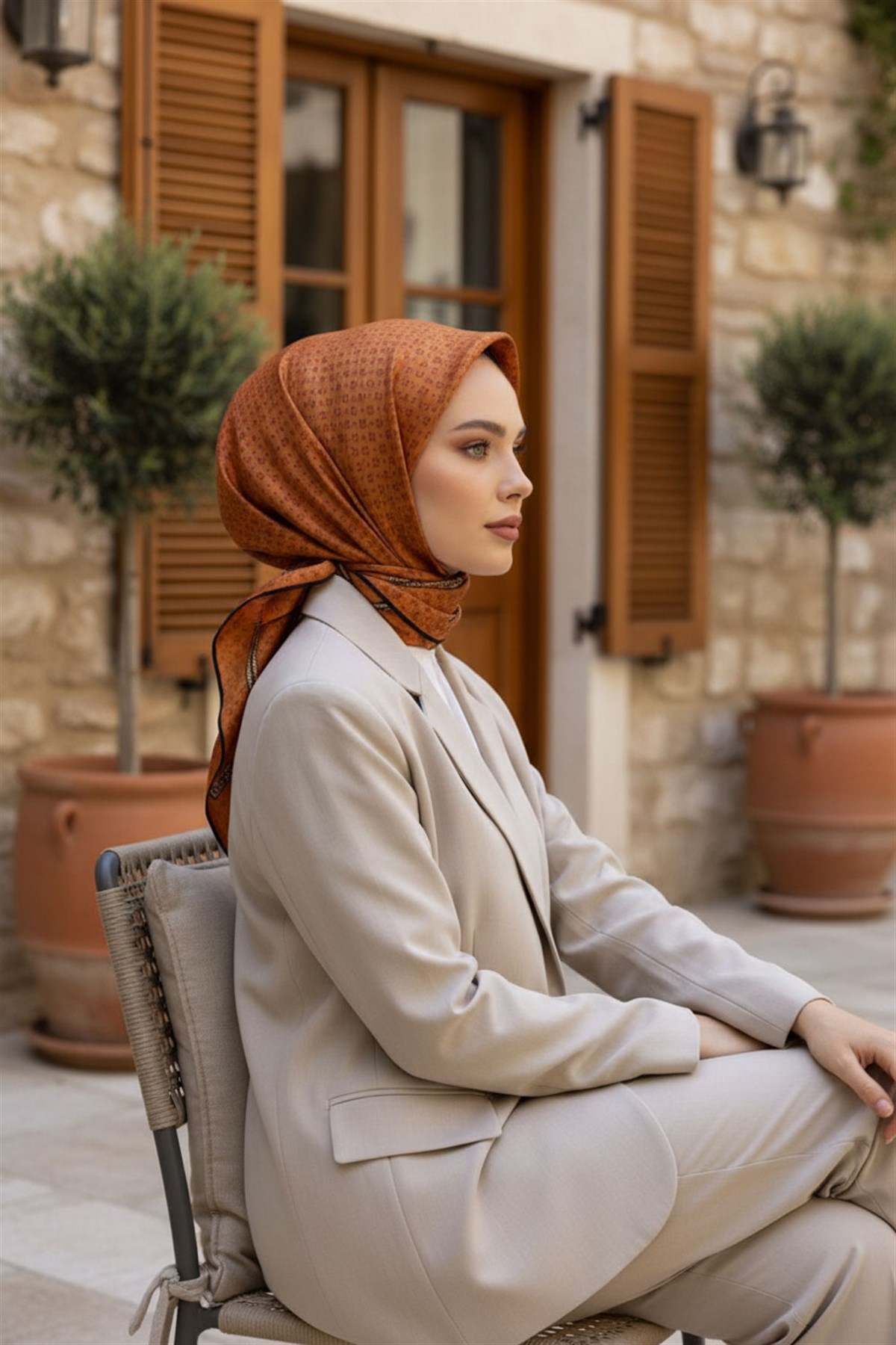 %57 İPEK %43 VİSKON Twill İpek Zincir Desenli Taba - Gold Renkli 90x90 Eşarp Dikim Şekli : El Dikişi
