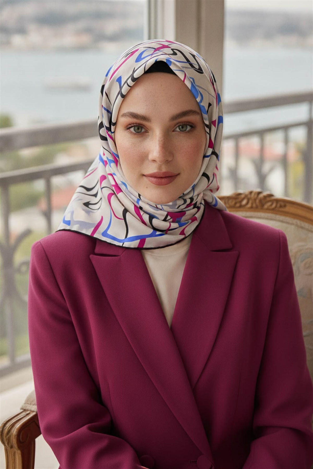 % 57 İPEK % 43 VİSKON Twill İpek Soyut Geometrik Desenli Fuşya - Saks Renkli 90x90 Eşarp Dikim Şekli : El Dikişi