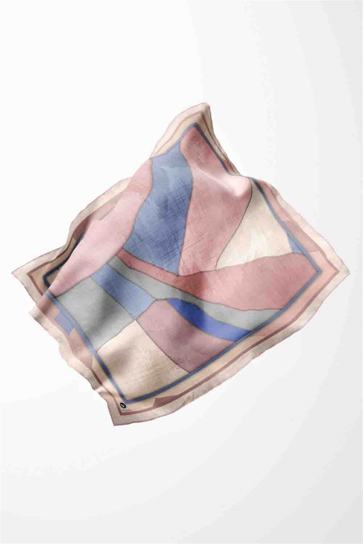 Twill Geometrik Desenli Pudra Renkli 90x90 Eşarp (İpek İçermez) Kenar Dikiş Şekli El Dikişli