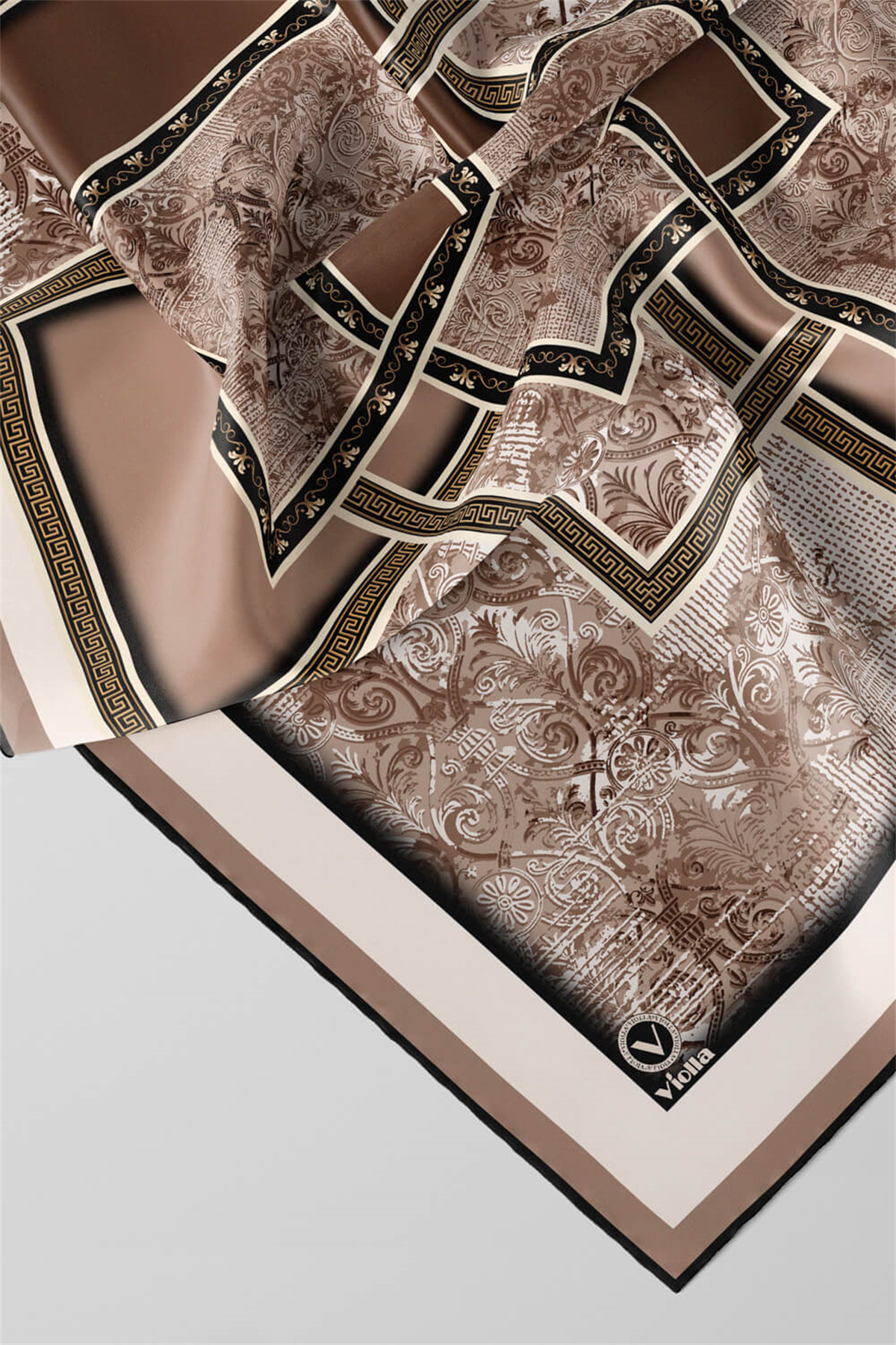Twill Geometrik Desenli Vizon Renkli 90x90 Eşarp (İpek İçermez) Kenar Dikiş Şekli El Dikişli