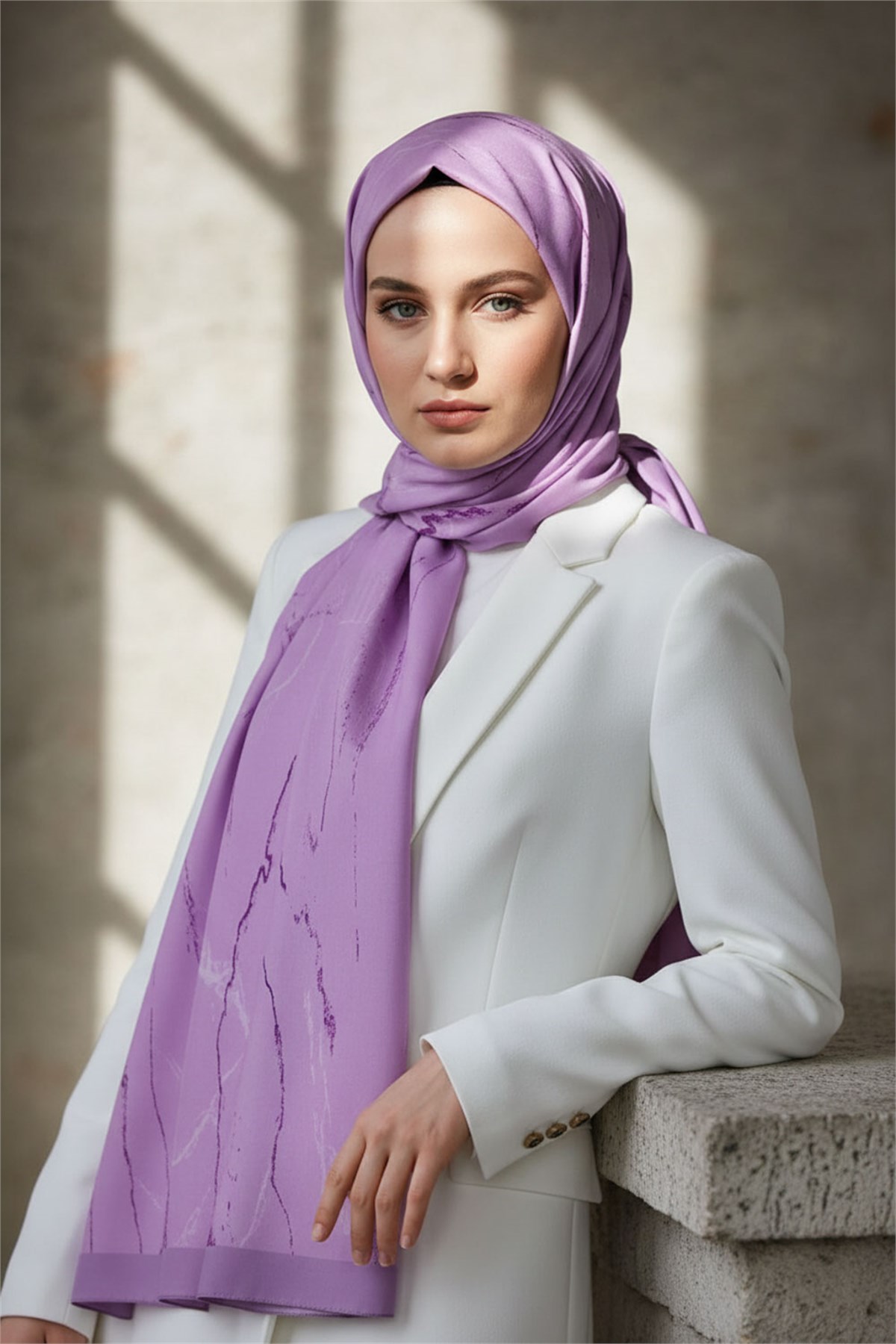 KREP MERMER DESENLİ LİLA RENKLİ 75X195 KIRIŞMAZ ŞAL