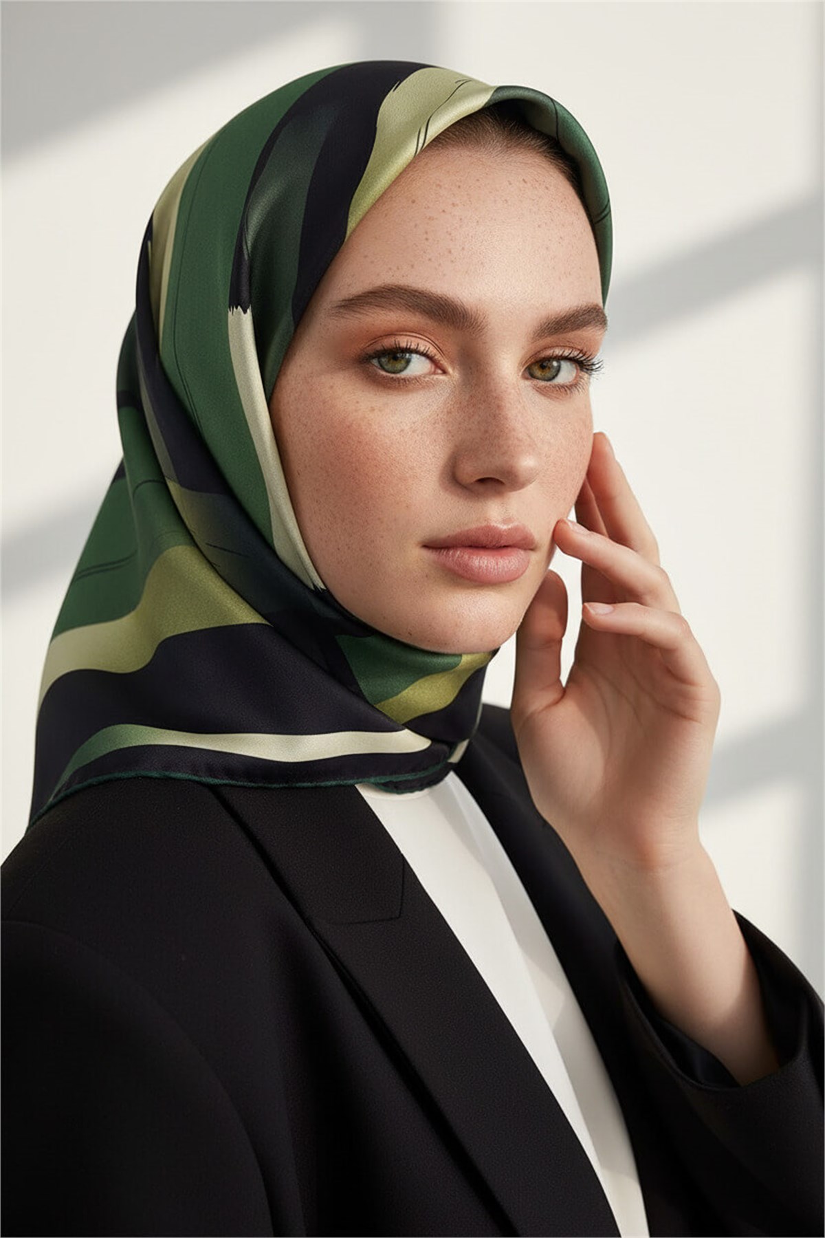 %100 Twill İpek Geometrik Fırça İzi Desenli Siyah - Zümrüt Yeşili Renkli 90x90 Eşarp Dikim Şekli : El Dikişi