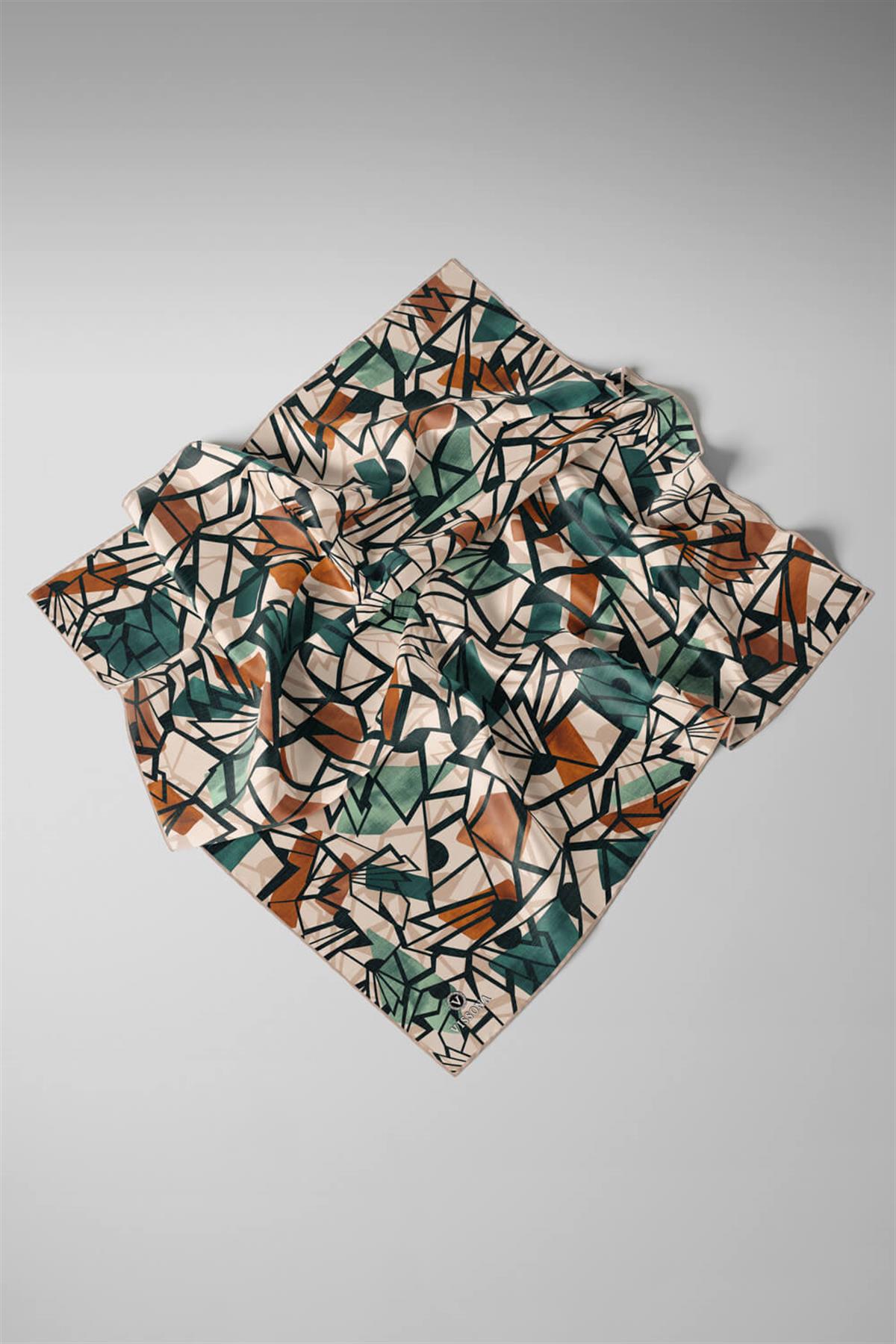 %100 Twill Renkli Petek Desenli Hardal - Petrol Yeşili Renkli 90x90 Eşarp Dikim Şekli: El Dikişii