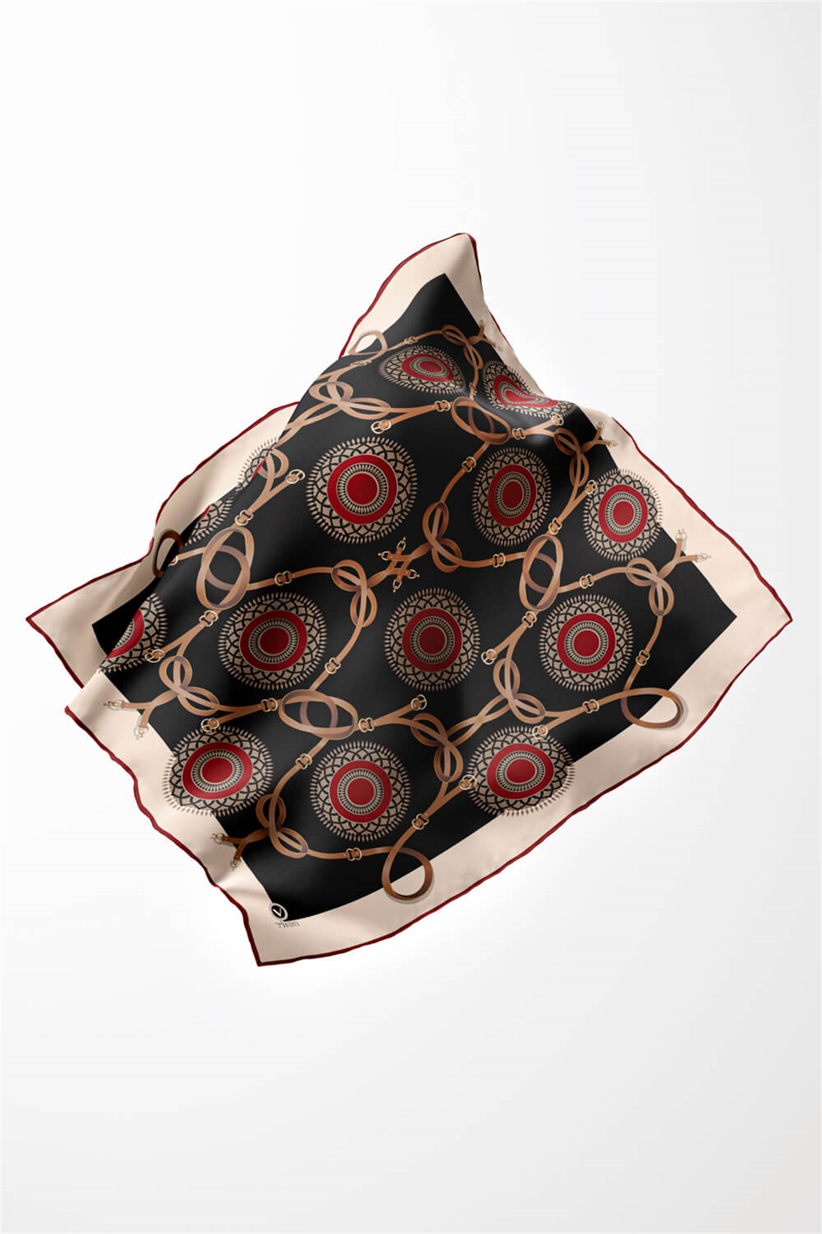 Twill Kemerli Ve Geometrik Desenli Bordo Renkli 90x90 Eşarp (İpek İçermez) Kenar Dikiş Şekli El Dikişli