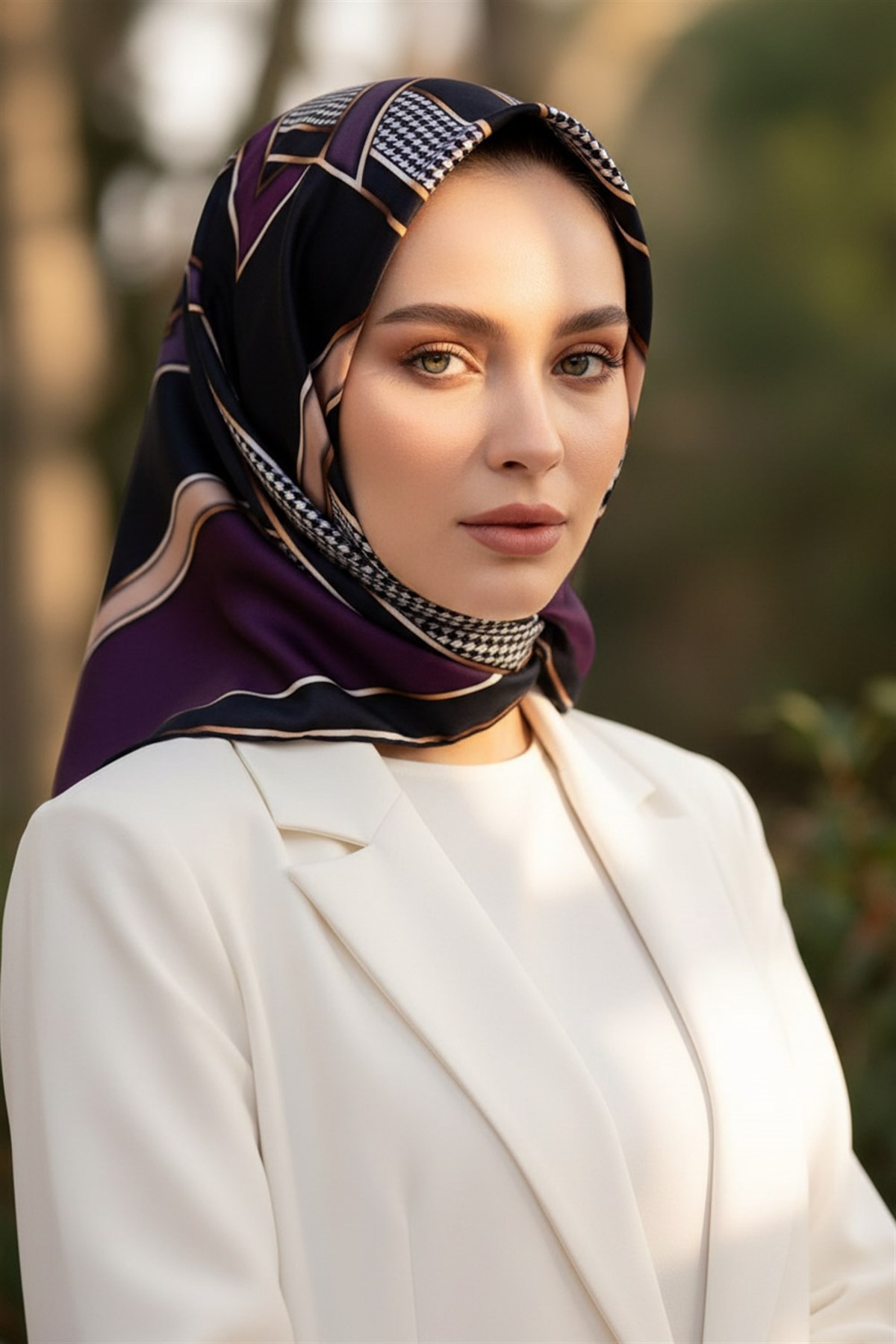 %100 Twill İpek Kareli Kazayaklı Desenli Mürdüm - Lacivert Renkli 90x90 Eşarp Kenar Dikiş Şekli El Dikişli