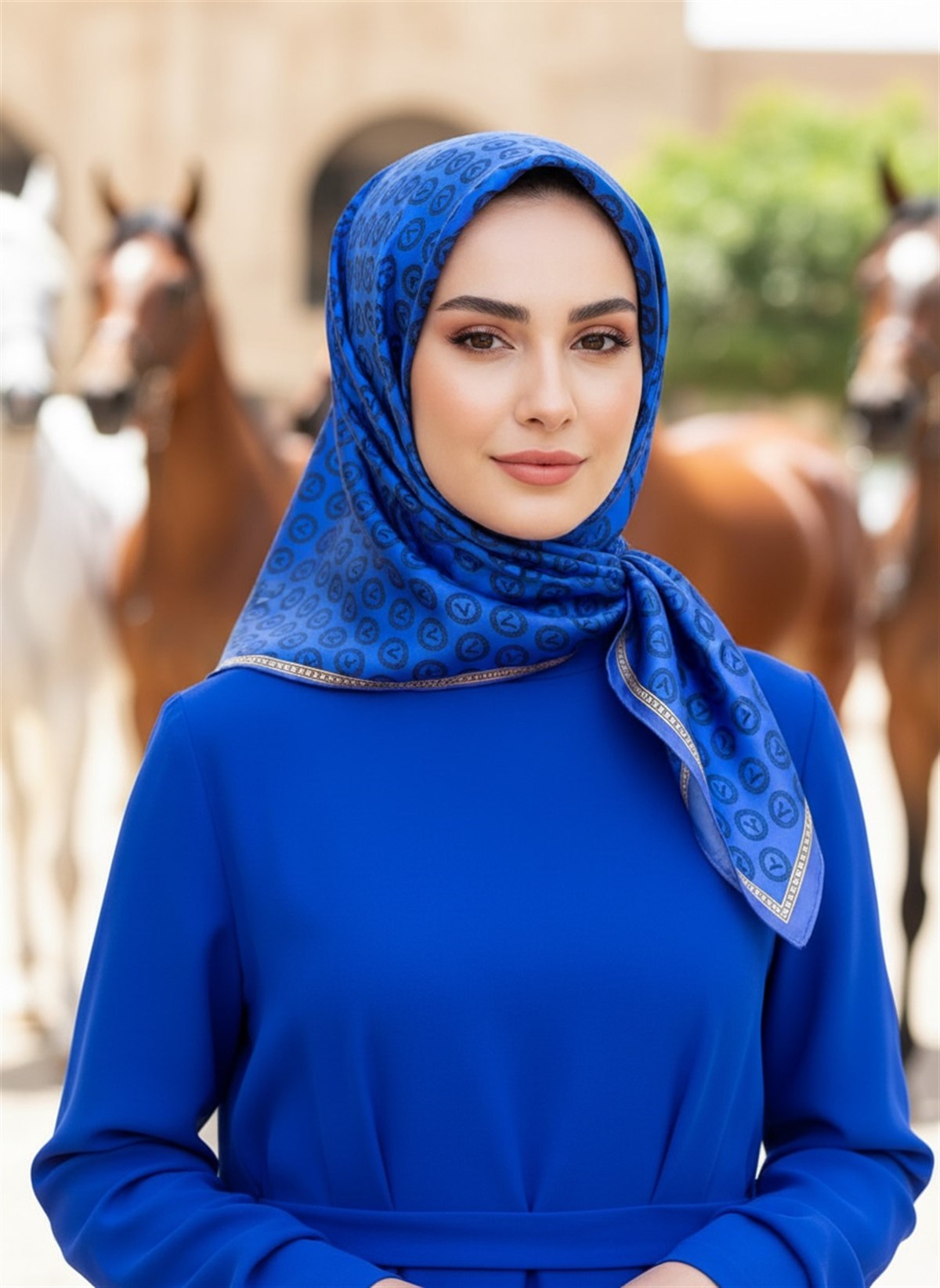 %100 Twill İpek Monogram Desenli Saks Renkli 90x90 Eşarp Dikim Şekli : El Dikişi