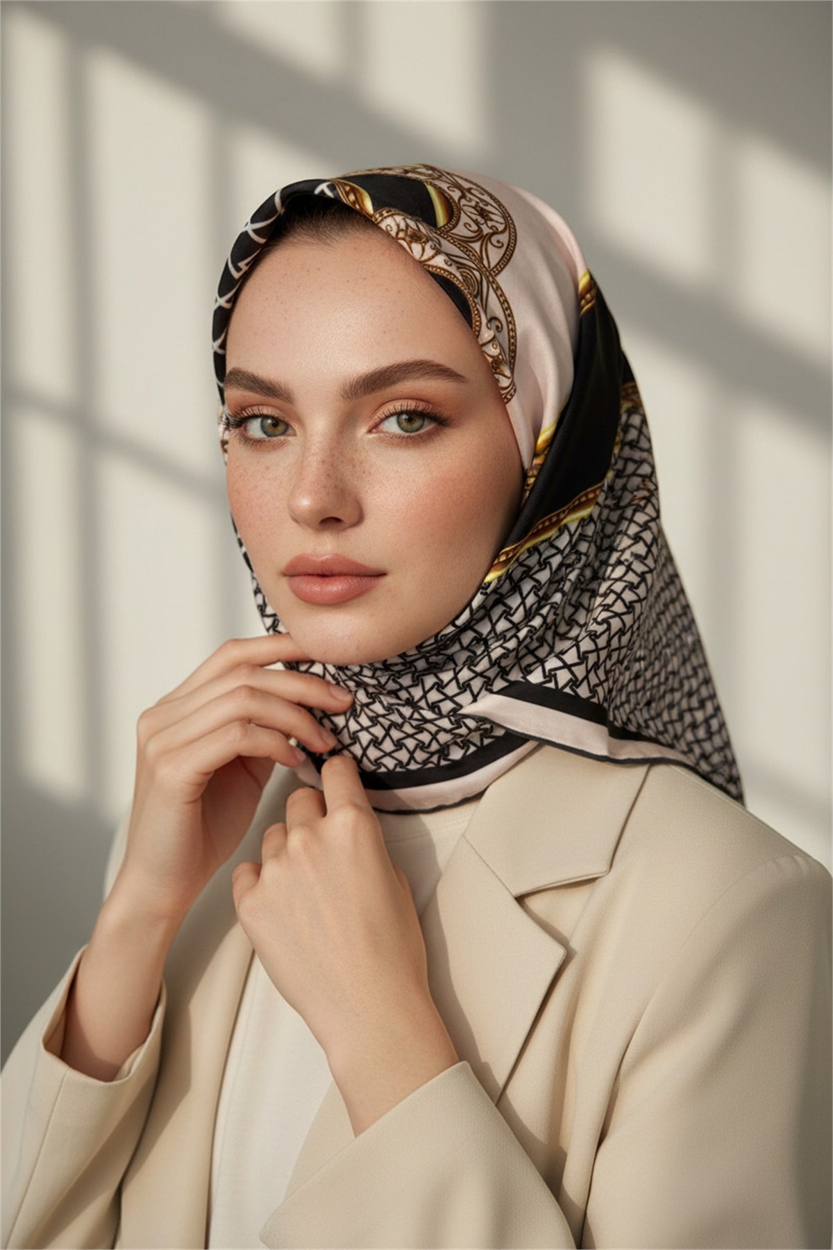 Kristal Çiçek Desenli Haki Renkli 90x90 Eşarp (İpek İçermez) Kenar Dikiş Şekli El Dikişli