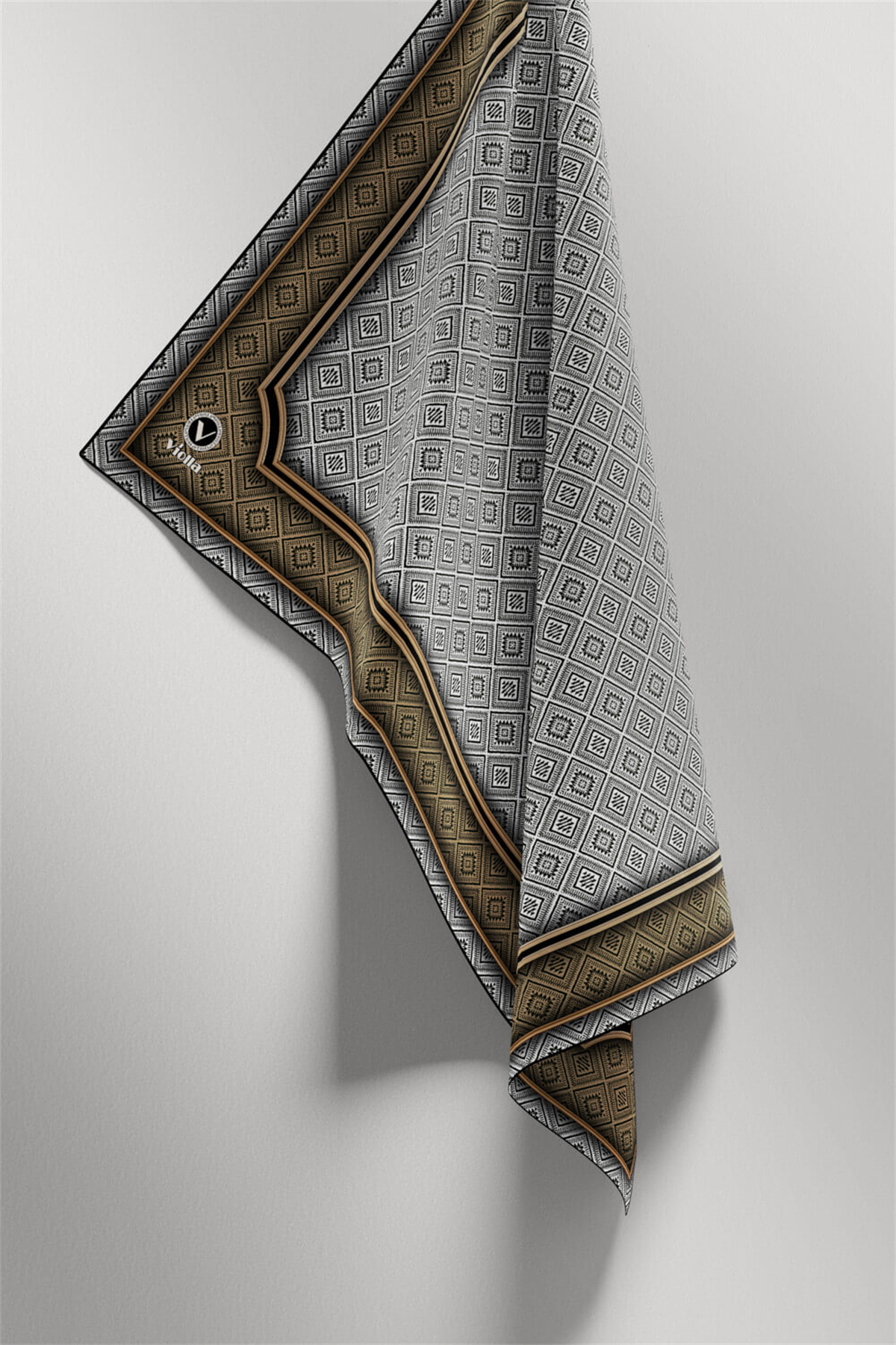 Twill Geometrik Çıtır Desenli Bej Renkli 90x90 Eşarp (İpek İçermez) Kenar Dikiş Şekli El Dikişli