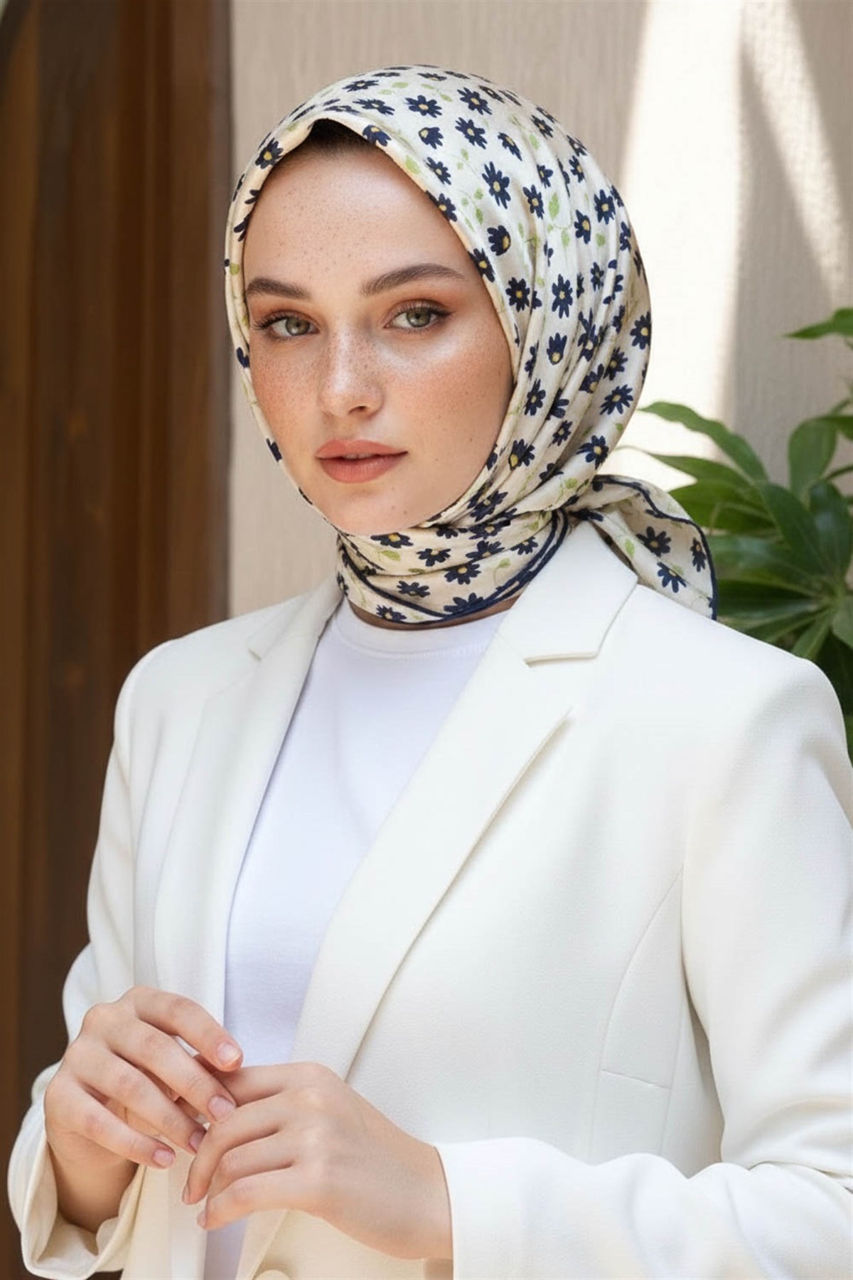 %100 Twill İpek Papatya Desenli Krem - Lacivert Renkli 90x90 Eşarp Dikim Şekli : El Dikişi