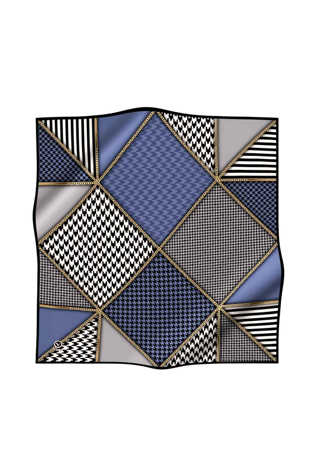 Twil Geometrik Ve Kazayak Desenli İndigo Renkli 90x90 Eşarp (İpek İçermez) Dikim Şekli : El Dikişi