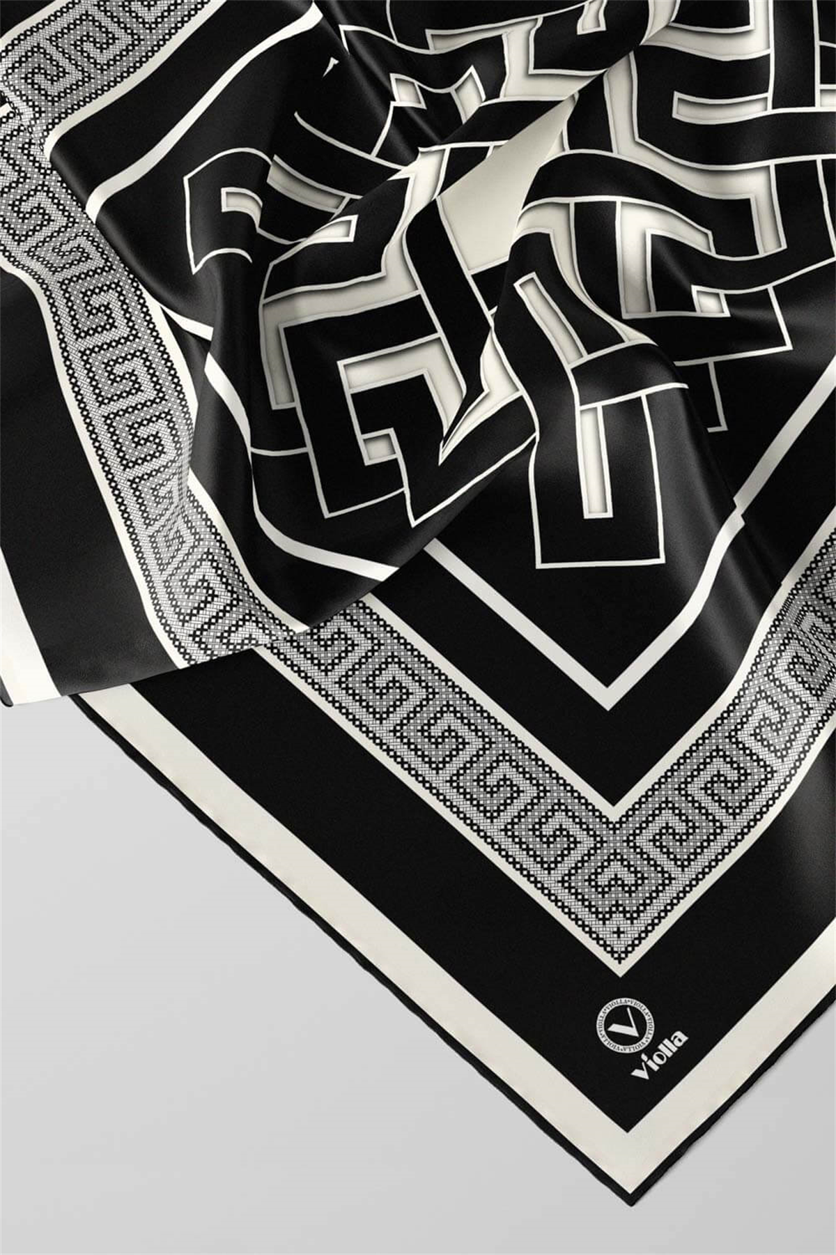 Twill Çizgili Sonsuzluk Düğümü Desenli Siyah Renkli 90x90 Eşarp (İpek İçermez)