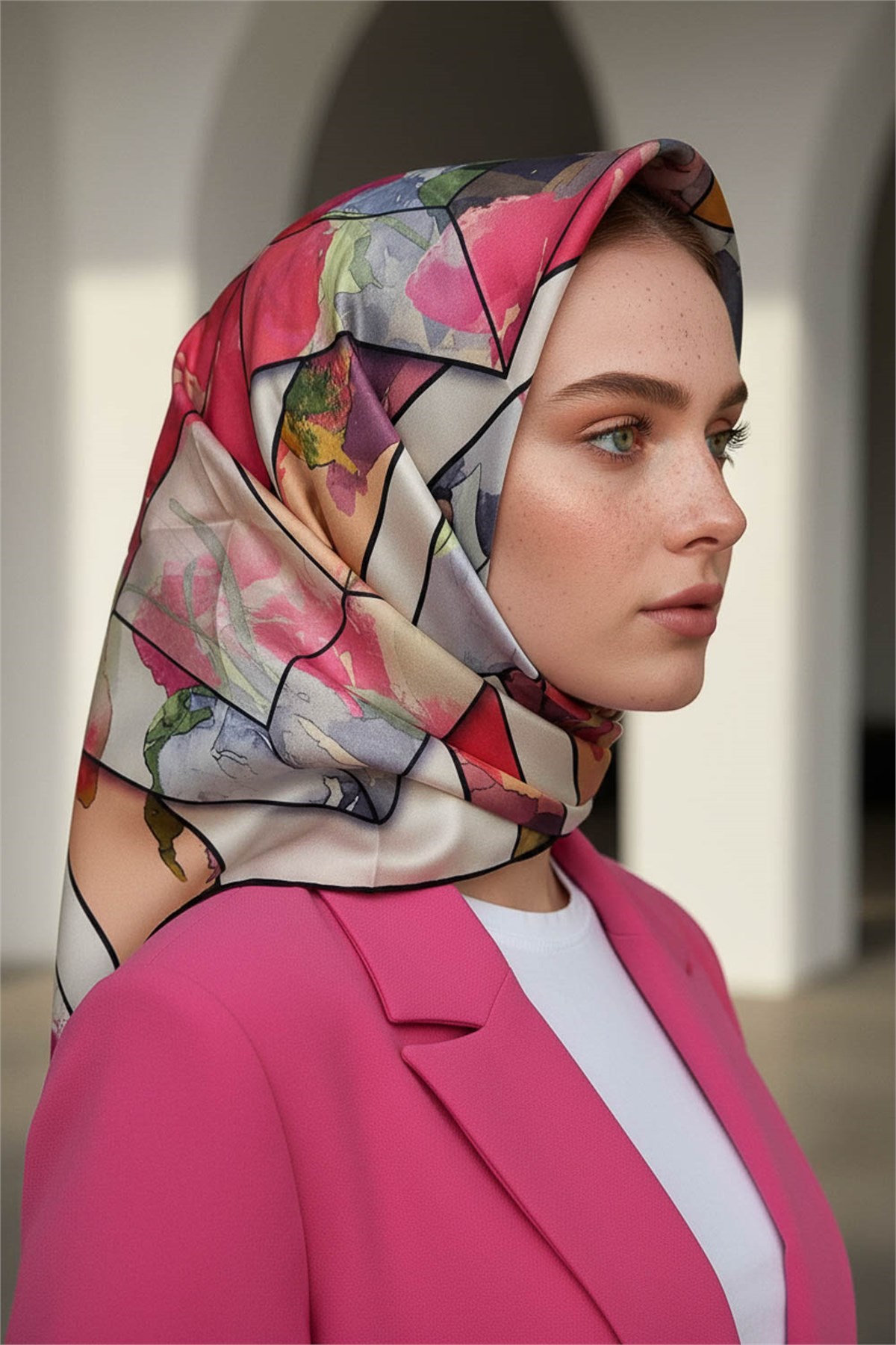 %100 Twill İpek Bahar Çiçekleri Desenli Gri - Kırmızı Renkli 90x90 Eşarp Kenar Dikiş Şekli El Dikişli