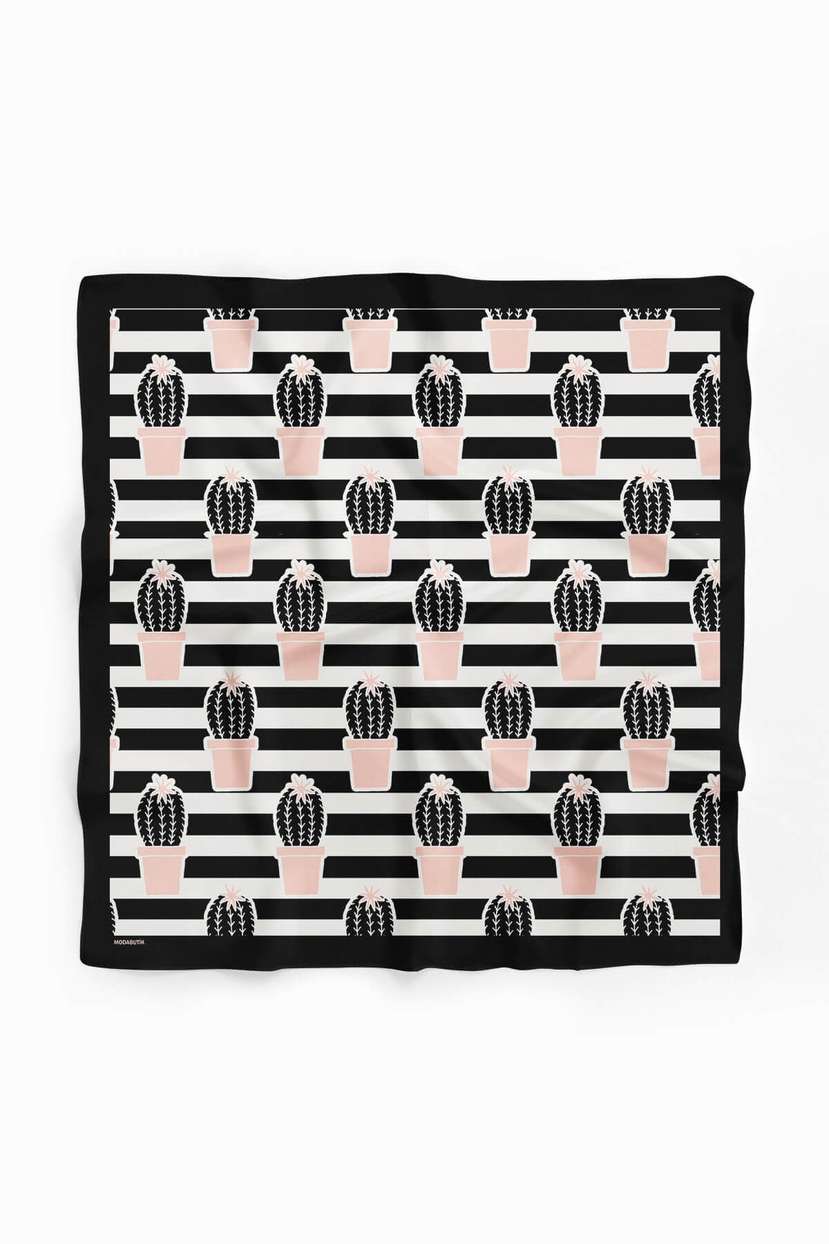 Kadın Kaktüs Desenli Bandana 50x50 Siyah Pudra DG0148-22 Snz
