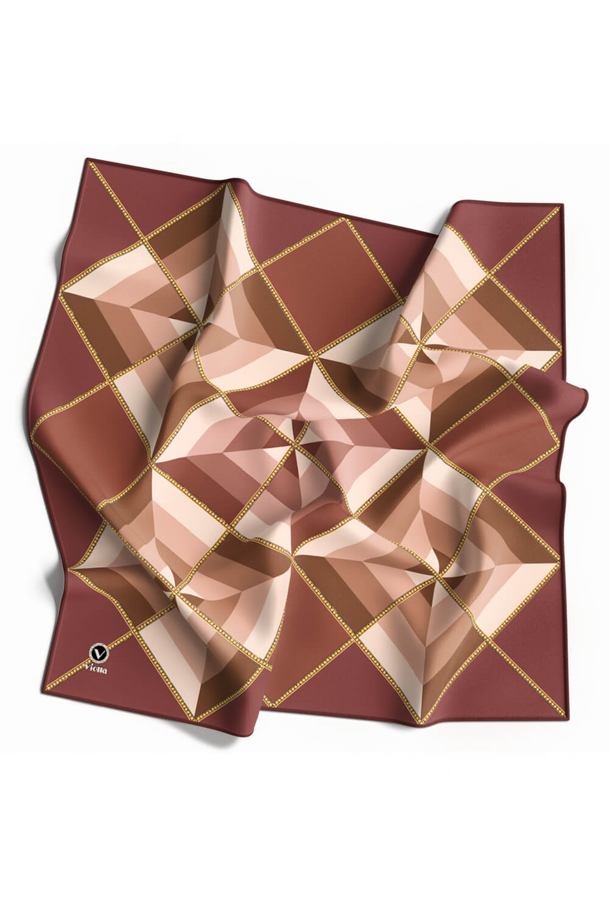 Twill Geometrik Desenli Gül Kurusu Renkli 90x90 Eşarp (İpek İçermez) Kenar Dikiş Şekli El Dikişli