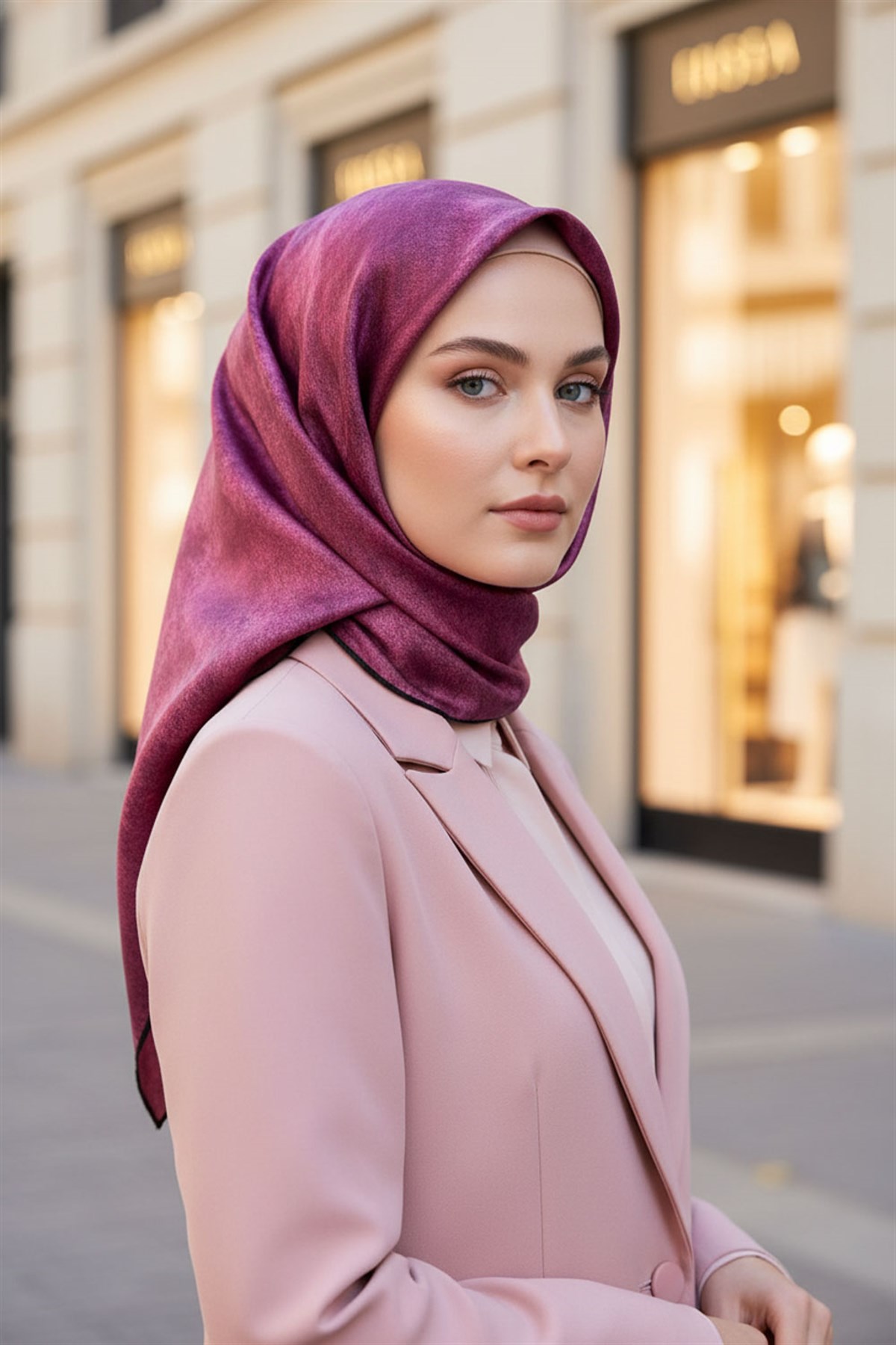 %100 Twill İpek Doku Desenli Lila Renkli 90x90 Eşarp Dikim Şekli : El Dikişi