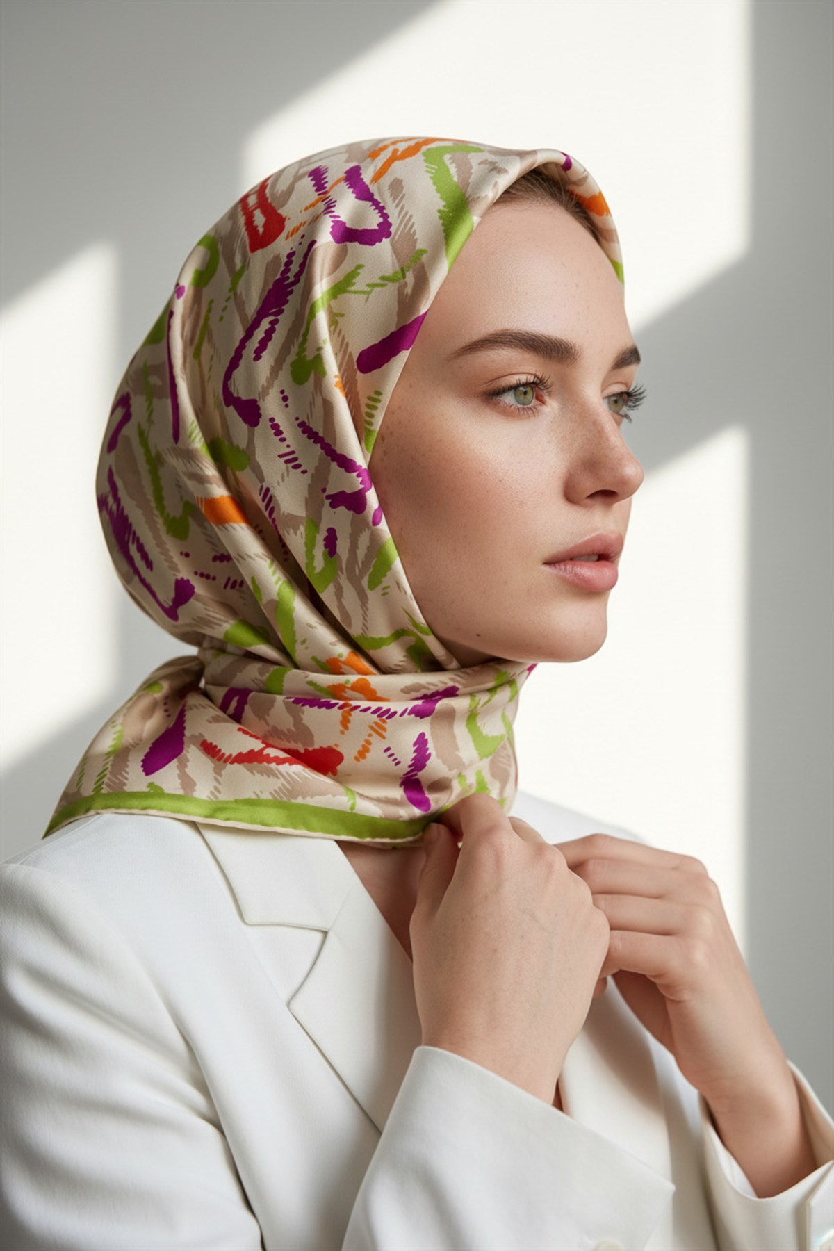 %100 Twill İpek Geometrik Desenli Fıstık Yeşili - Mürdüm Renkli 90x90 Eşarp Dikim Şekli : El Dikişi