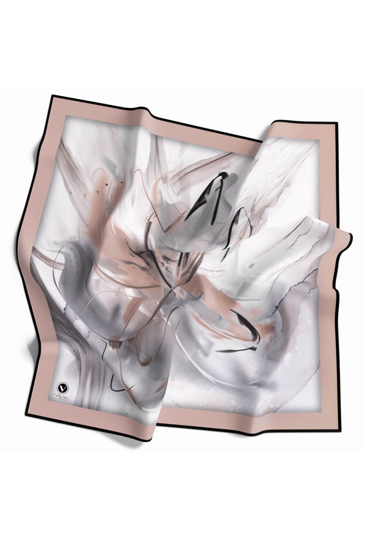 Twill Çiçek Tablo Desenli Bej Renkli 90x90 Eşarp (İpek İçermez) Kenar Dikiş Şekli El Dikişli