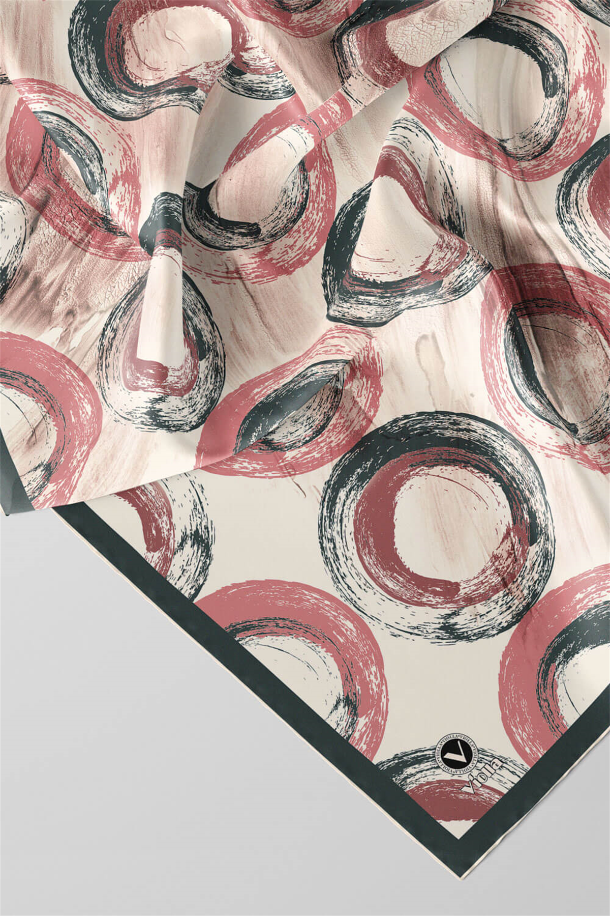 Twill Geometrik Fırça Darbesi Desenli Pudra Renkli 90x90 Eşarp (İpek İçermez) Kenar Dikiş Şekli El Dikişli