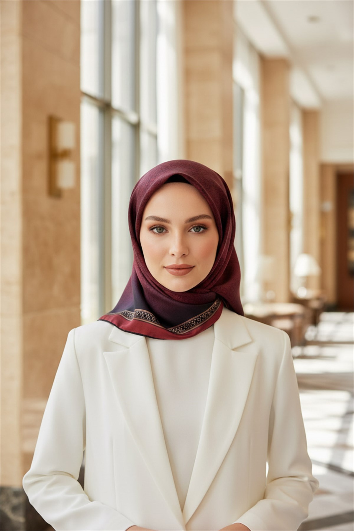 %100 Twill İpek Eşarp 90x90 Bordo Barok Desenli El Dikişli Kadın Eşarp