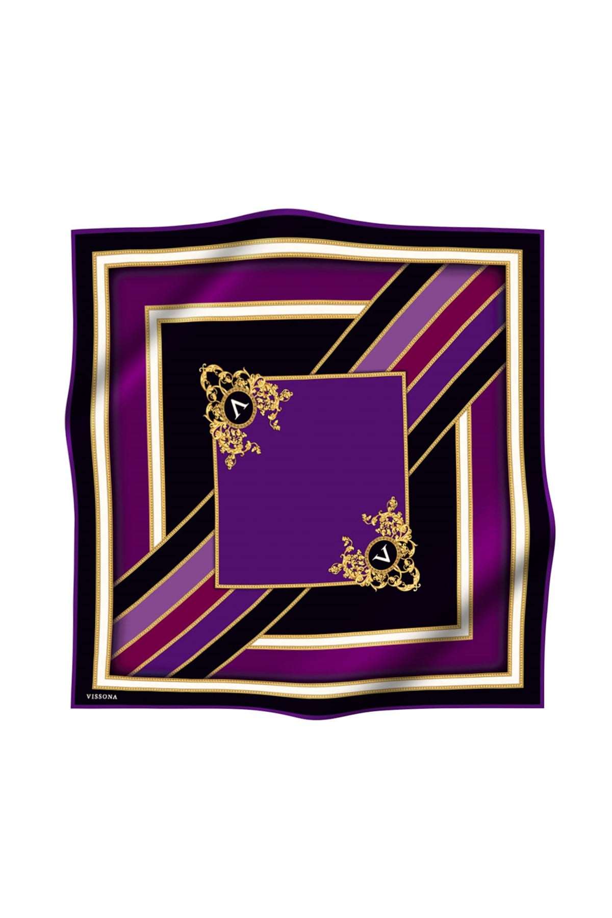 %100 Twill İpek Baroklu Ve Geometrik Desenli Mürdüm - Mor Renkli 90x90 Eşarp Dikim Şekli : El Dikişi