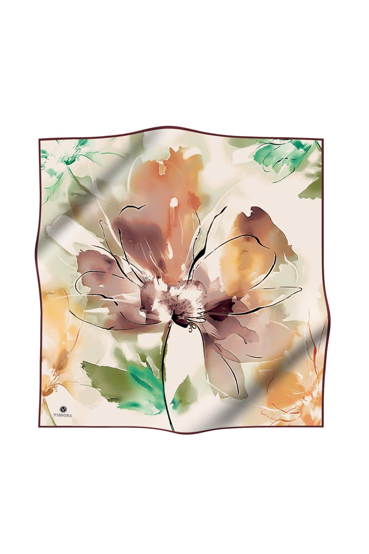 %100 Twill İpek Sulu Boya Çiçek Desenli Vizon Renkli 90x90 Eşarp Dikim Şekli : El Dikişi