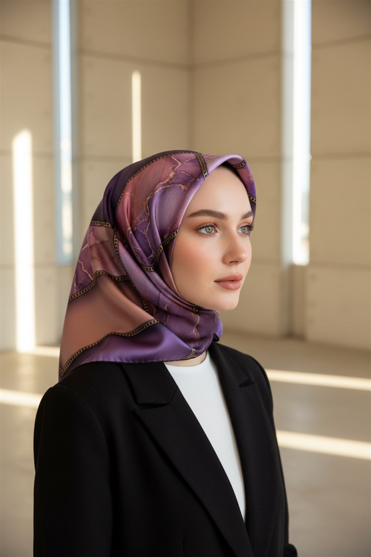 % 57 İPEK % 43 VİSKON Twill İpek Efektli Bant Desenli Mor - Pudra Renkli 90x90 Eşarp Dikim Şekli : El Dikişi