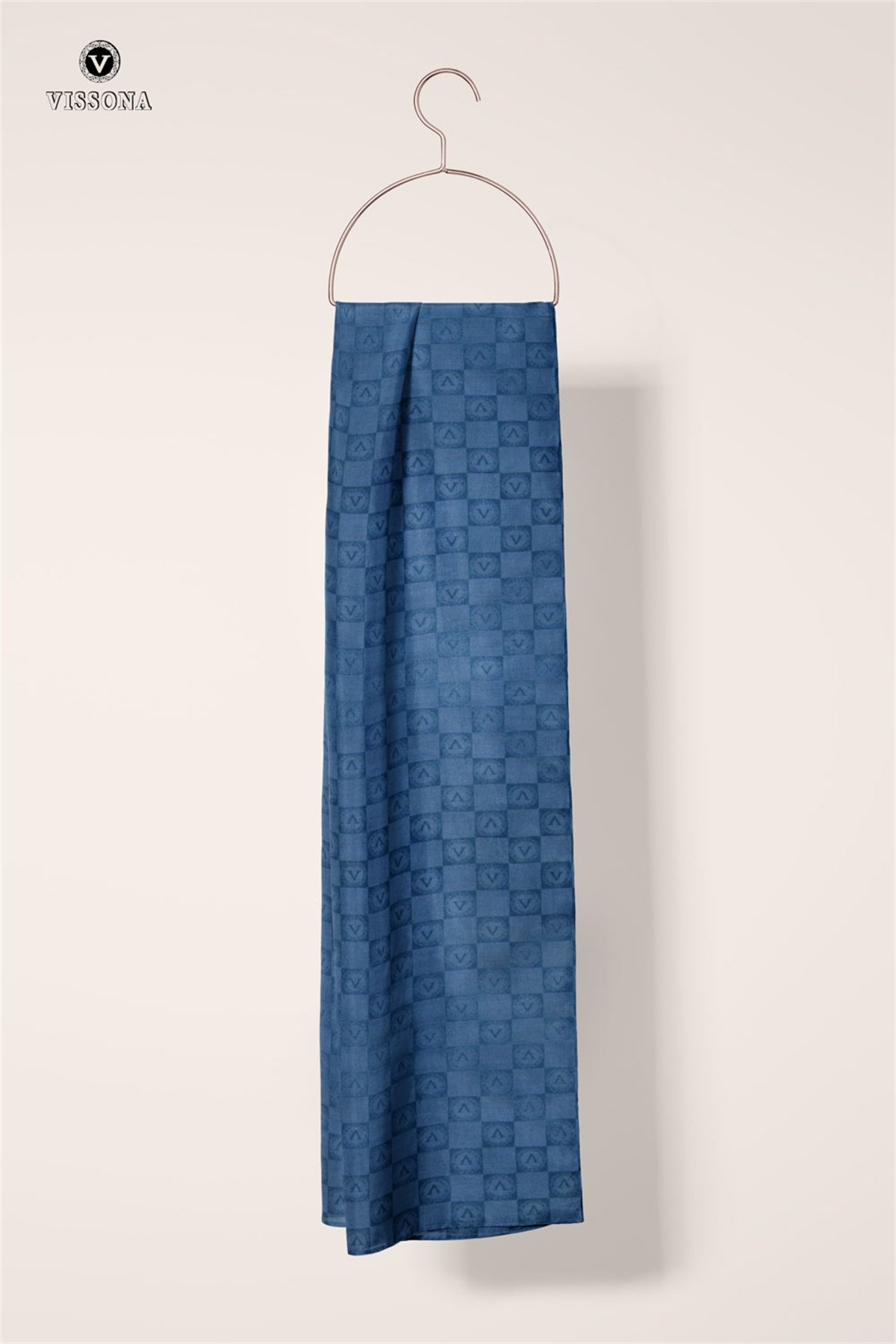 Vissona %57 İPEK %43 PAMUK Monogram Desenli Bebe Mavisi Renkli Şal -  70x190 Dikiş Tipi İtalyan Dikişli