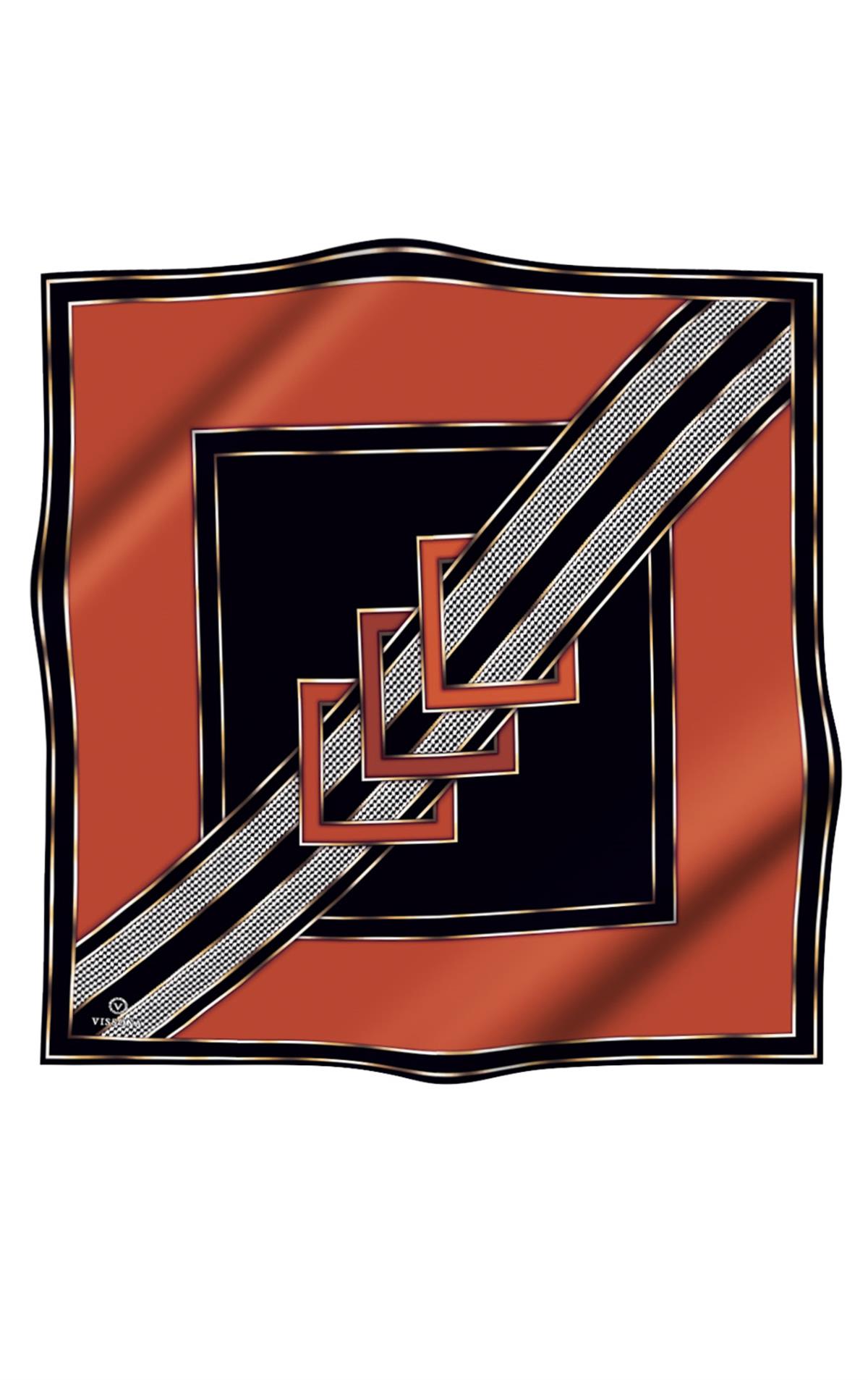 %100 Twill İpek Kareli Kazayaklı Desenli Taba - Siyah Renkli 90x90 Eşarp Kenar Dikiş Şekli El Dikişli