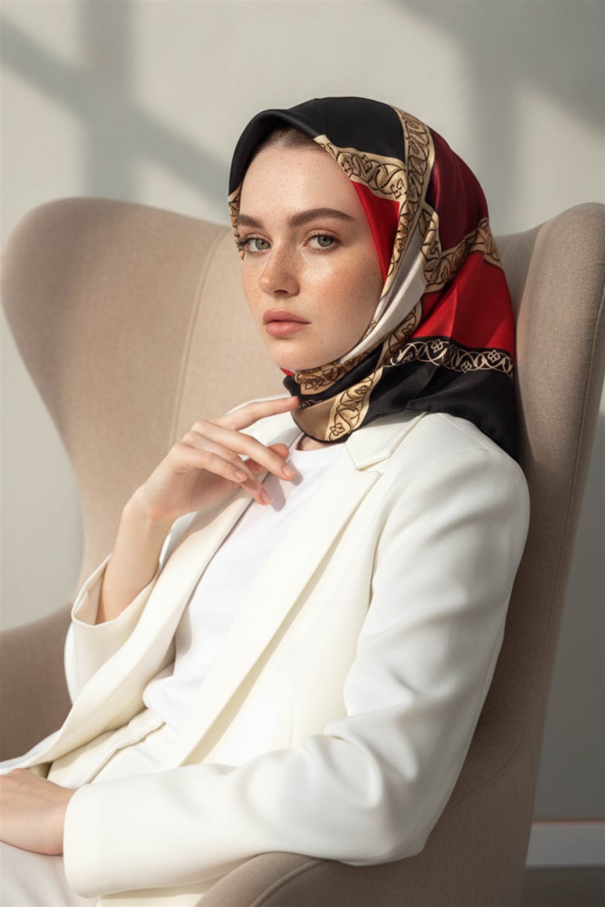%100 Twill İpek Geometrik Desenli Kırmızı - Bej Renkli 90x90 Eşarp Dikim Şekli : El Dikişi