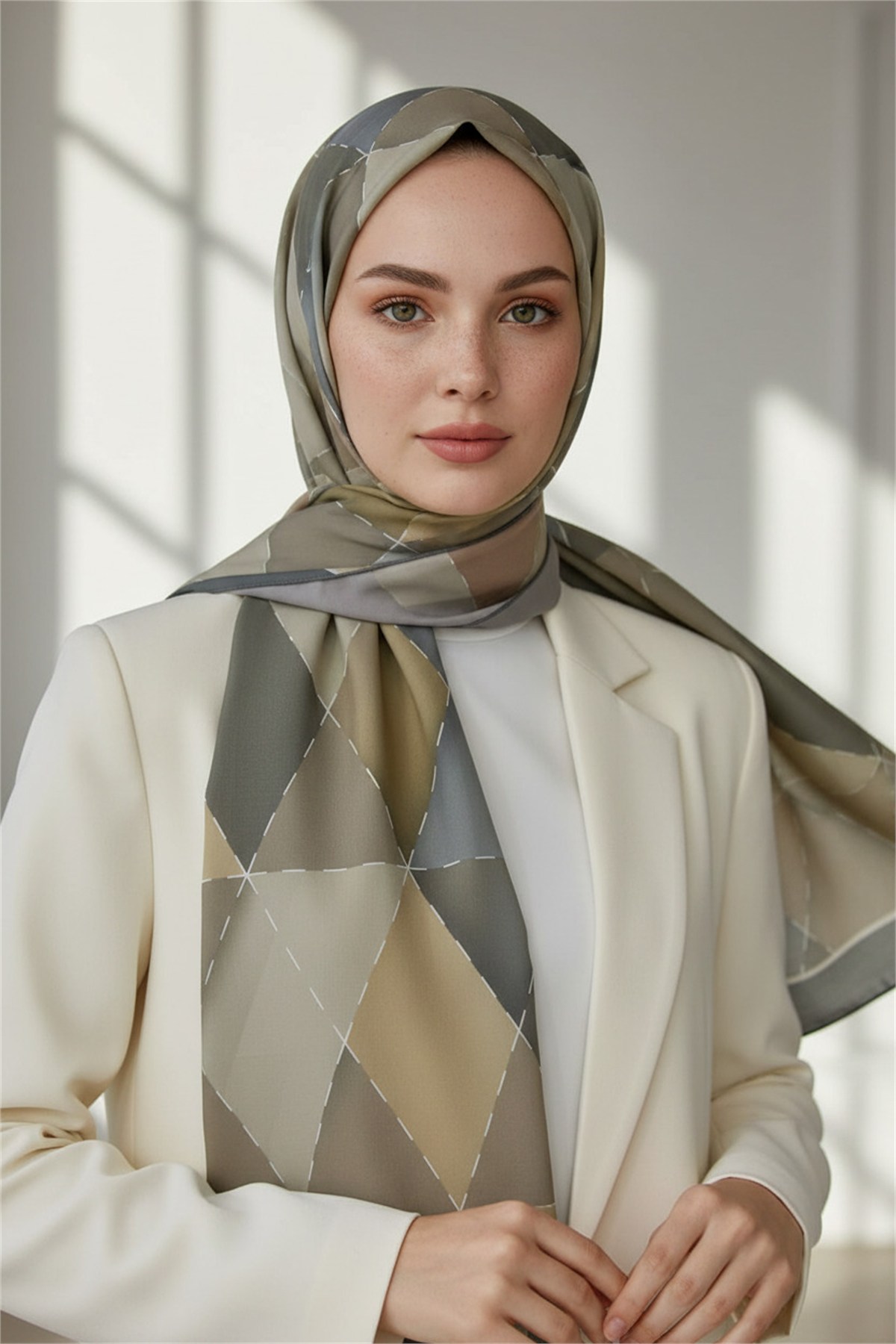 KREP ÜÇGEN YAMA DESENLİ GRİ RENKLİ 75X195 KIRIŞMAZ ŞAL