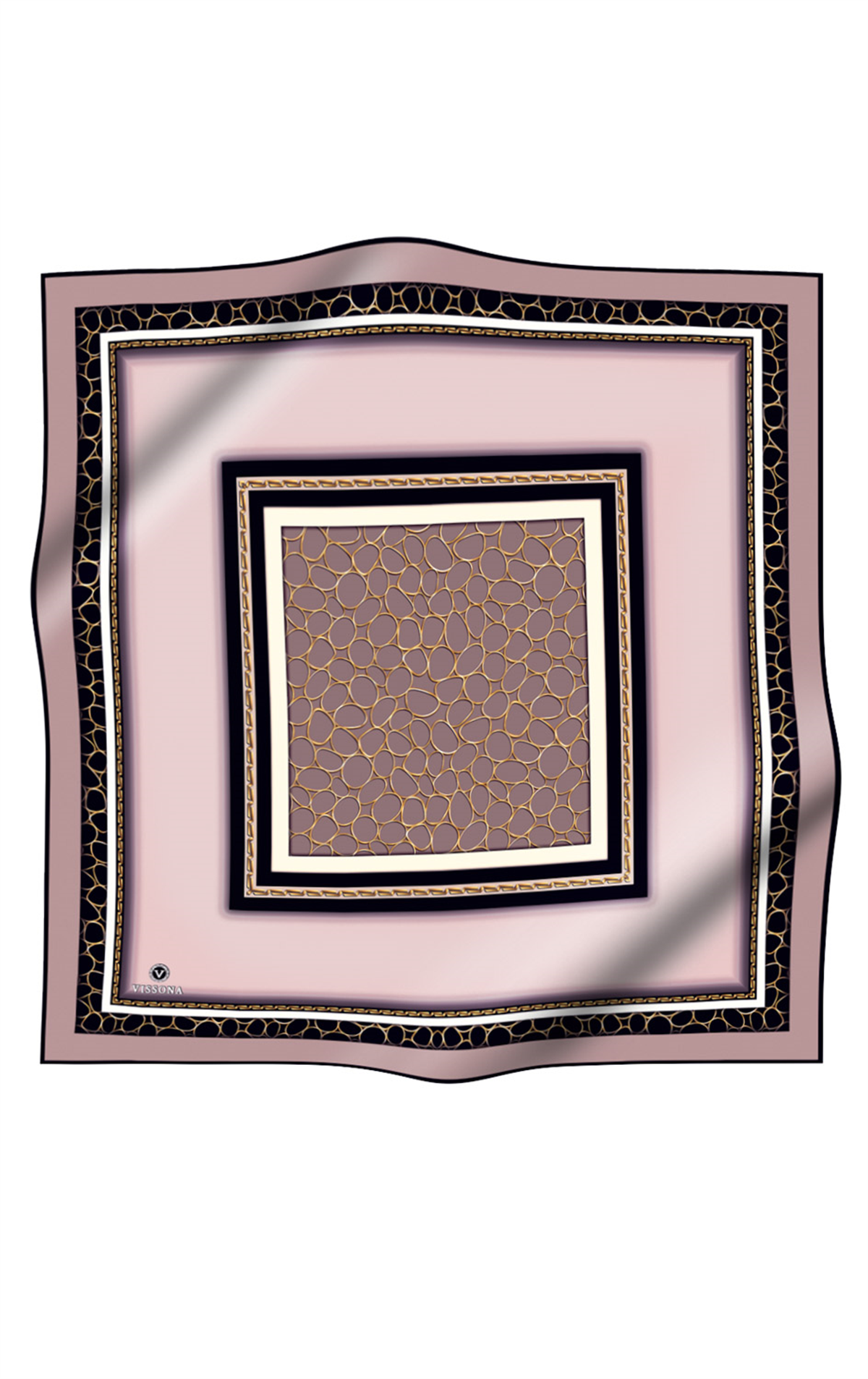 % 57 İPEK % 43 VİSKON Twill İpek Gold Halka Desenli Pudra - Siyah Renkli 90x90 Eşarp Dikim Şekli : El Dikişi