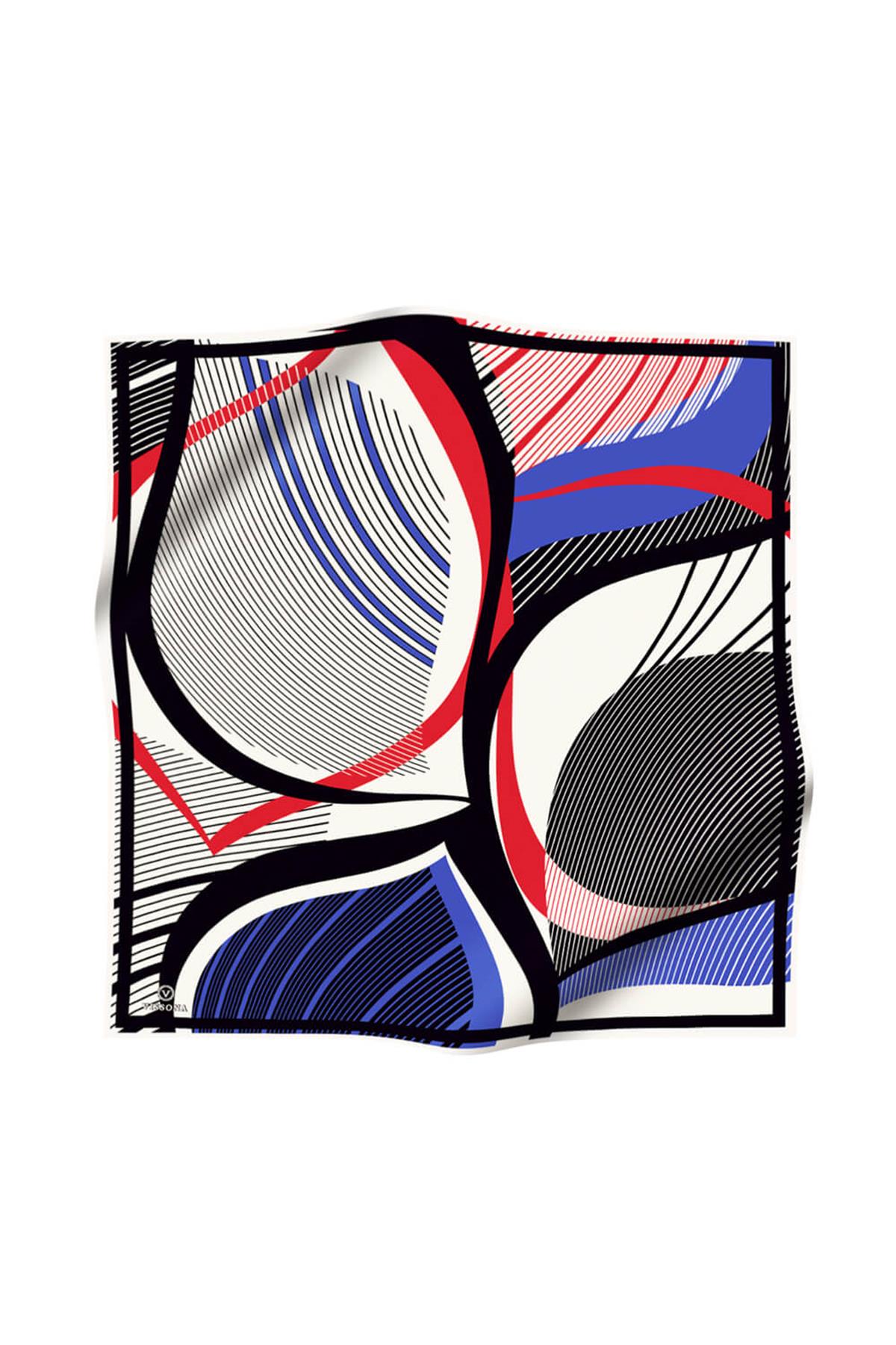 %100 Twill İpek Çizgili Geometrik Desenli Beyaz - Saks Renkli 90x90 Eşarp Dikim Şekli : El Dikişi