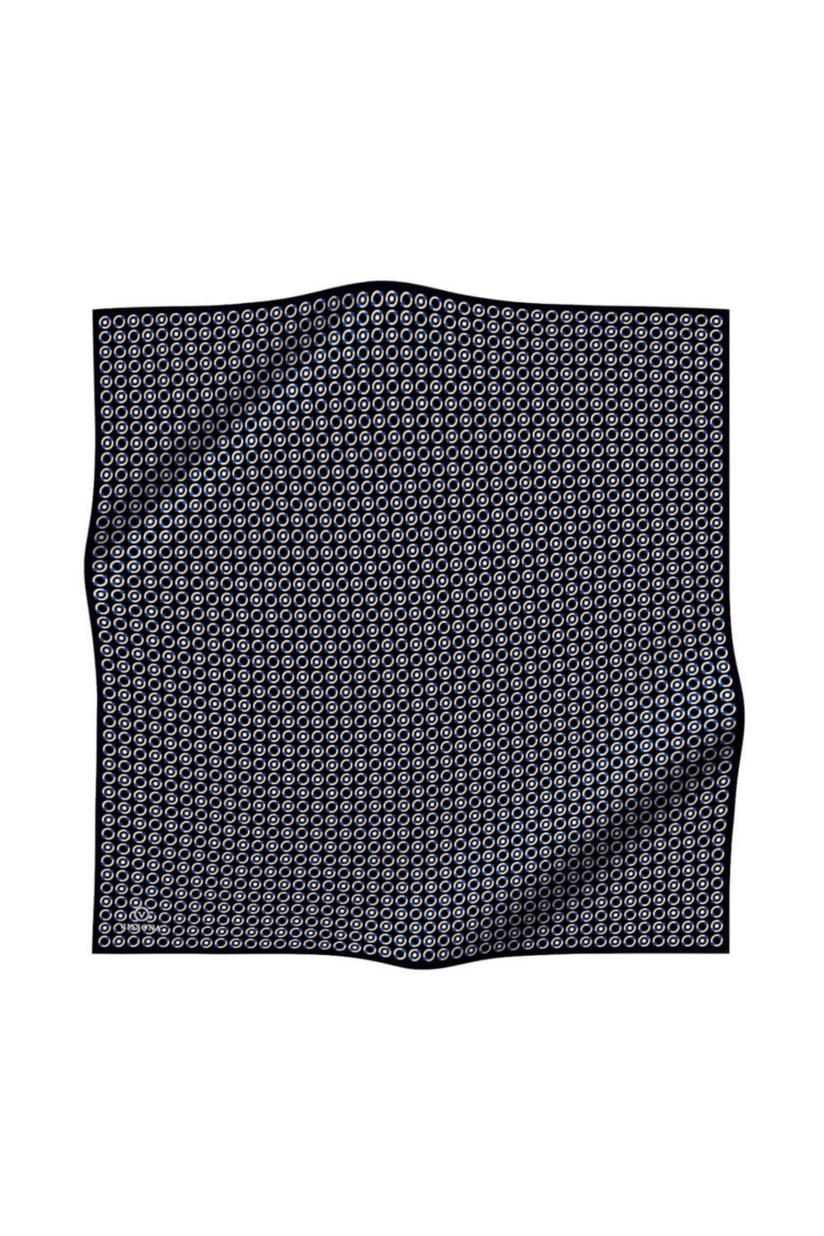 %100 Twill İpek Zincir Desenli Siyah - Saks Renkli 90x90 Eşarp Kenar Dikiş Şekli El Dikişli