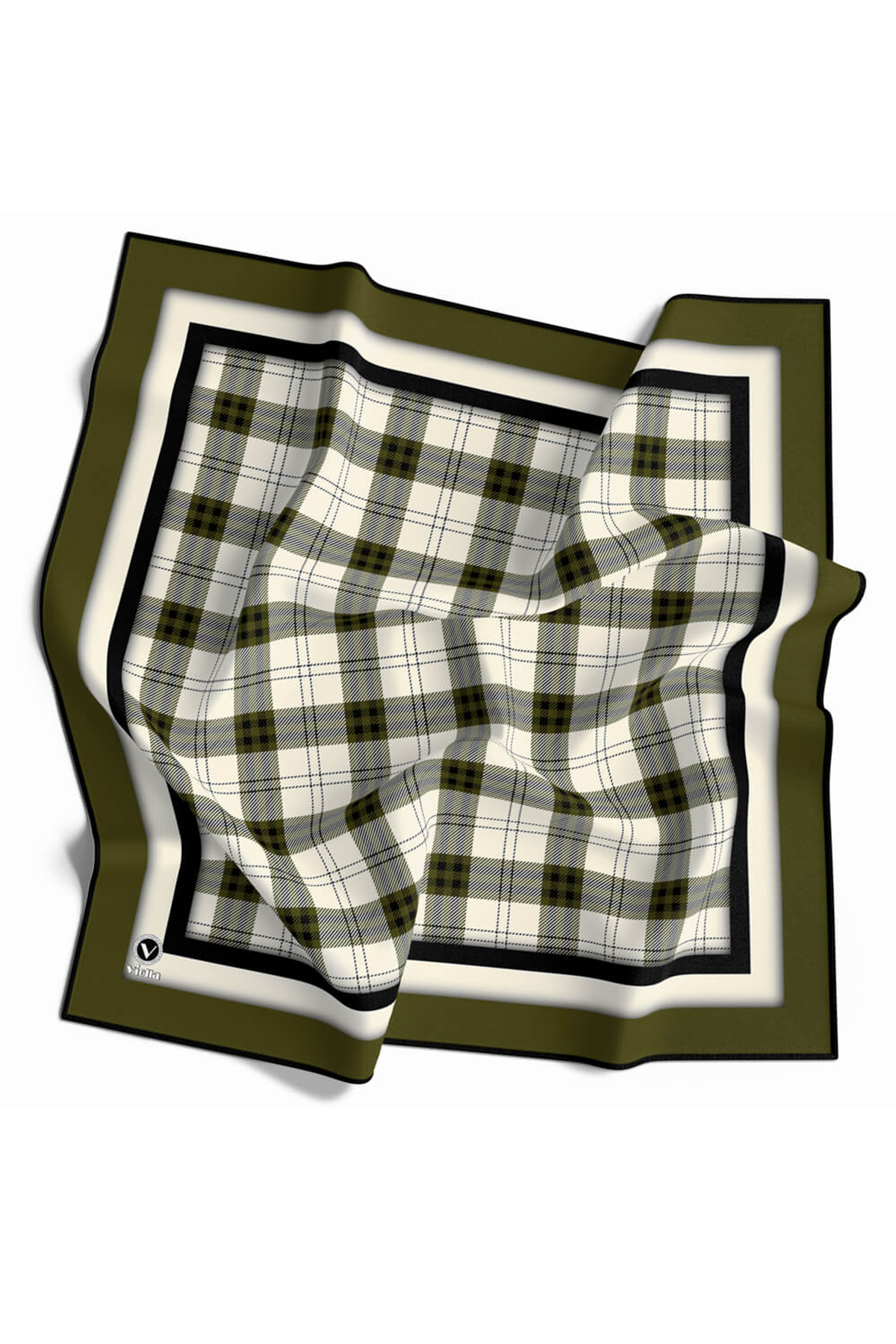 Twill Ekose Desenli Haki Renkli 90x90 Eşarp (İpek İçermez) Kenar Dikiş Şekli El Dikişli
