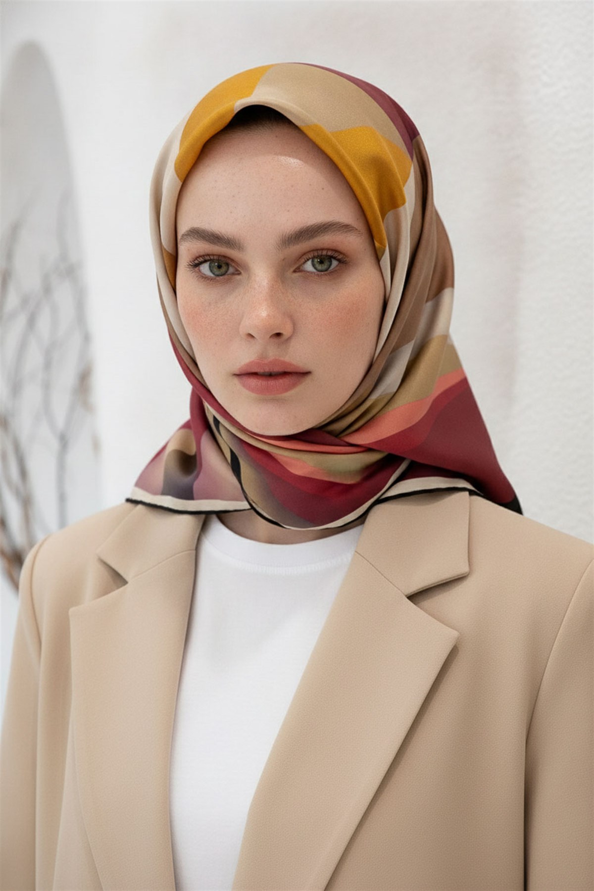 %100 Twill İpek Geometrik Desenli Bordo - Bej Renkli 90x90 Eşarp Dikim Şekli : El Dikişi