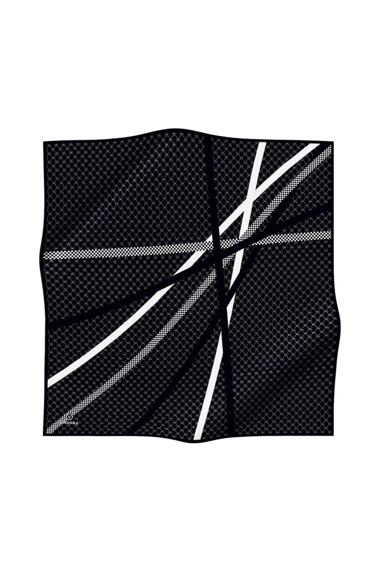 %57 İPEK %43 VİSKON Twill İpek Monogram Ve Şerit Desenli Siyah - Krem Renkli 90x90 Eşarp Dikim Şekli : El Dikişi