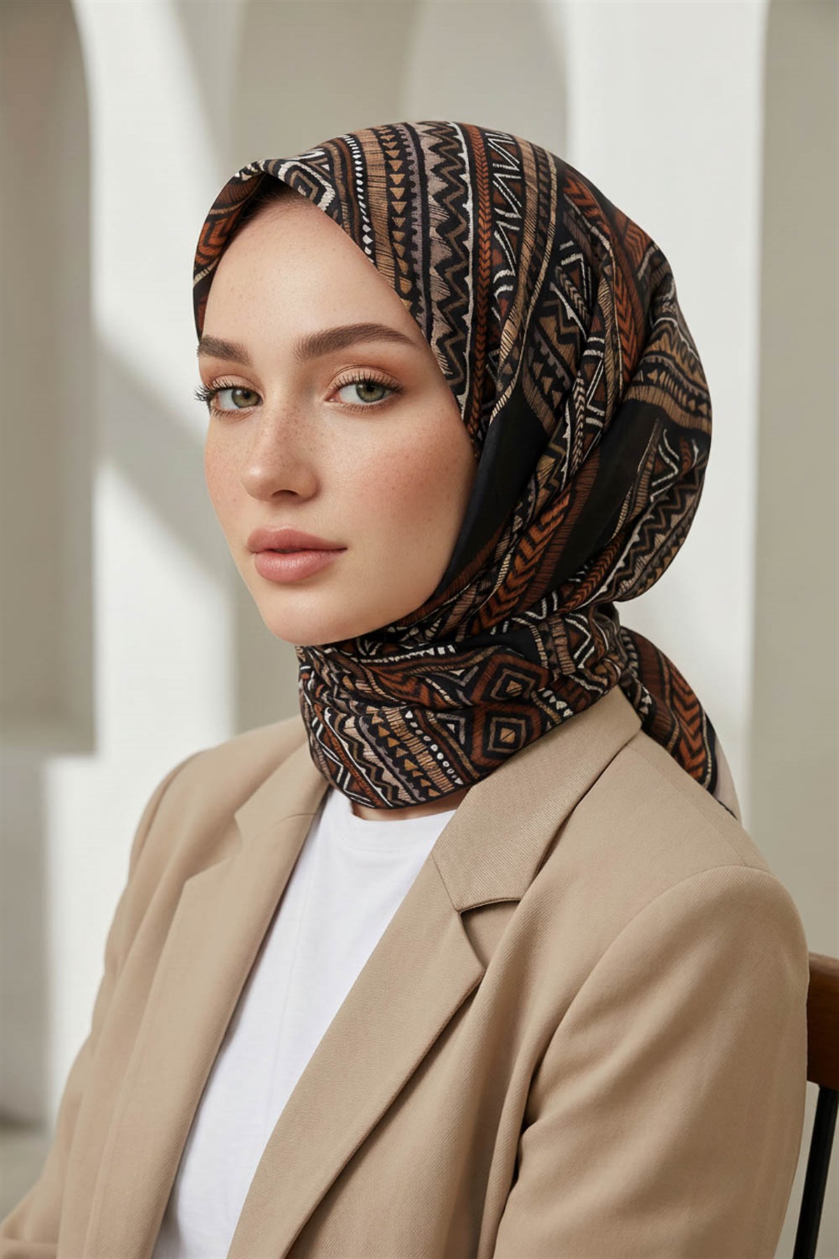 %100 Twill İpek Etnik Desenli Siyah - Taba Renkli 90x90 Eşarp Dikim Şekli : El Dikişi